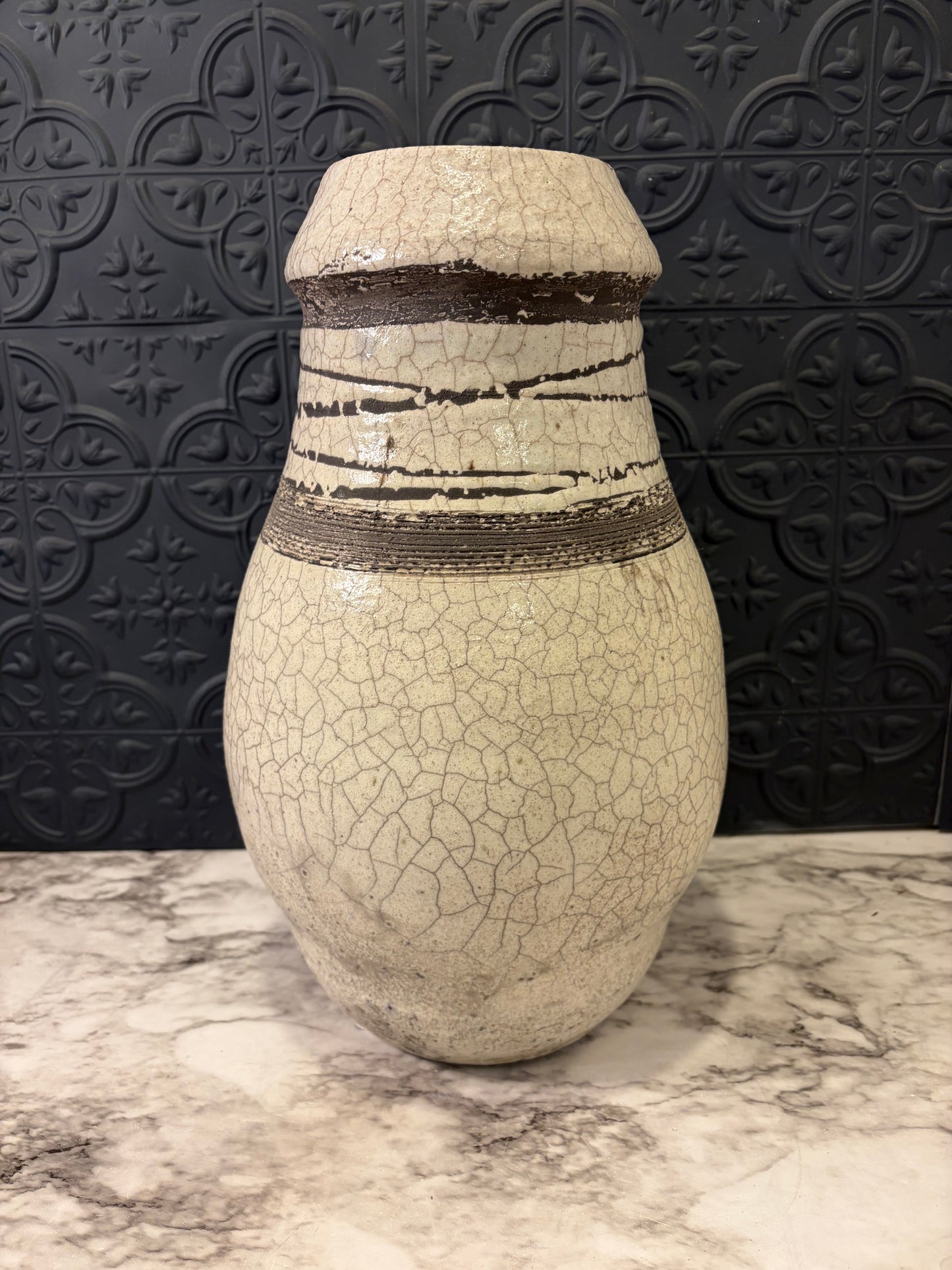 White Crackle Vase with Brown Striping