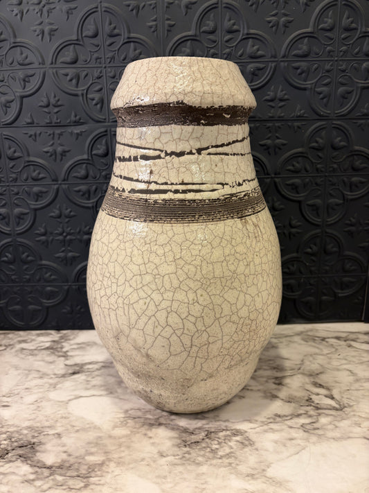 White Crackle Vase with Brown Striping