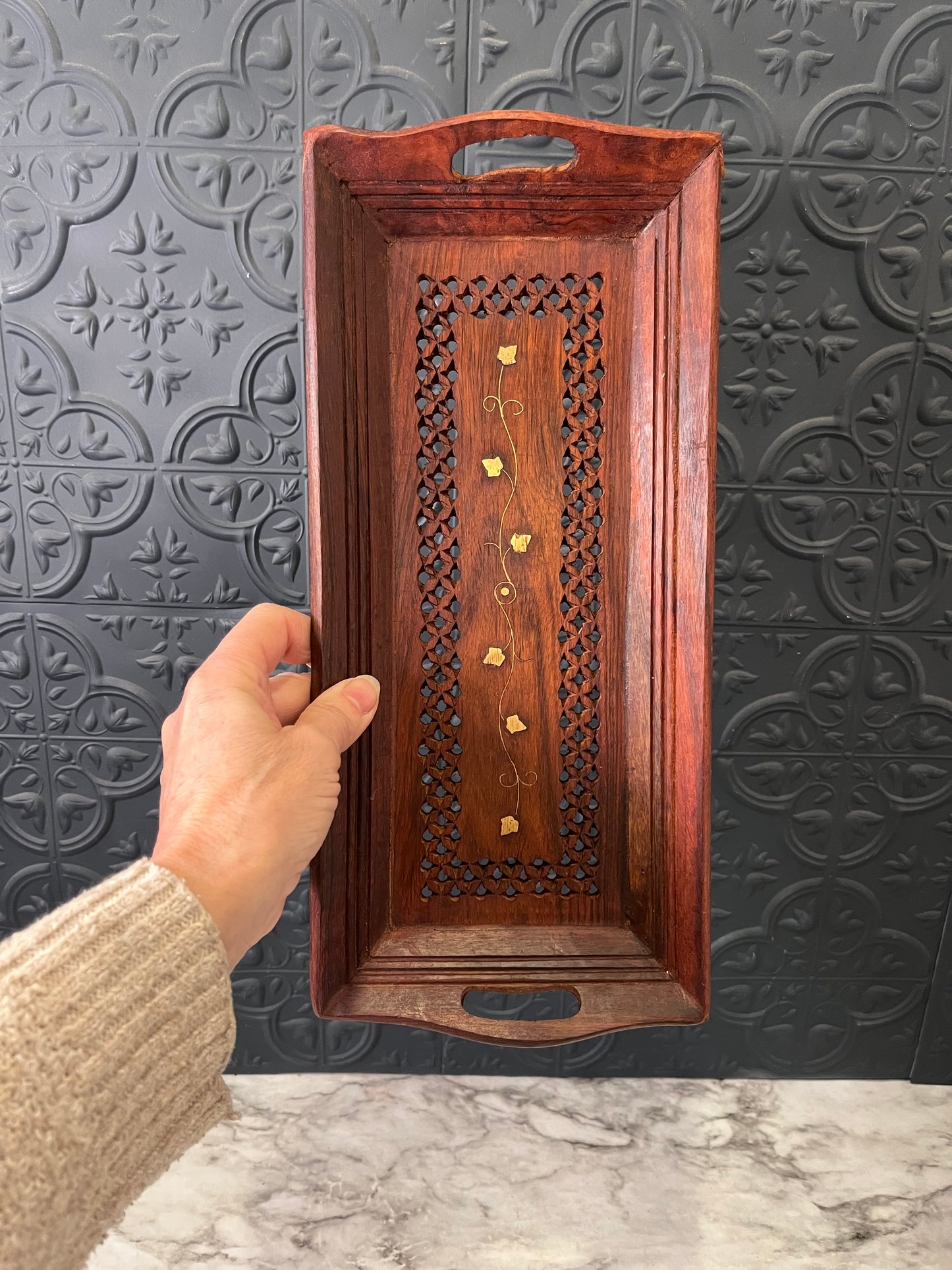 Rectangle Wood Tray With Brass leaf Inlay