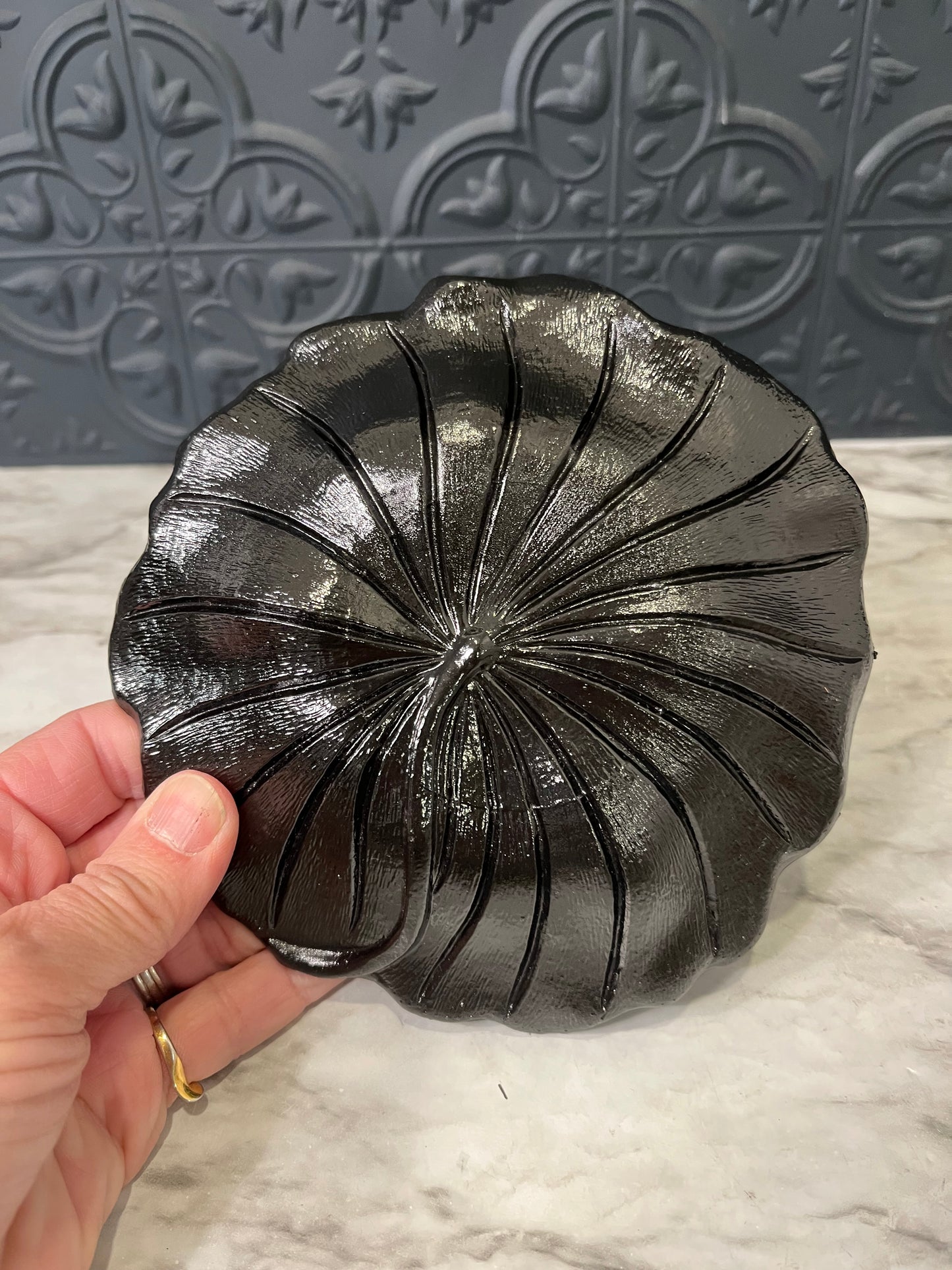 Black Glass Floral Trinket Dish