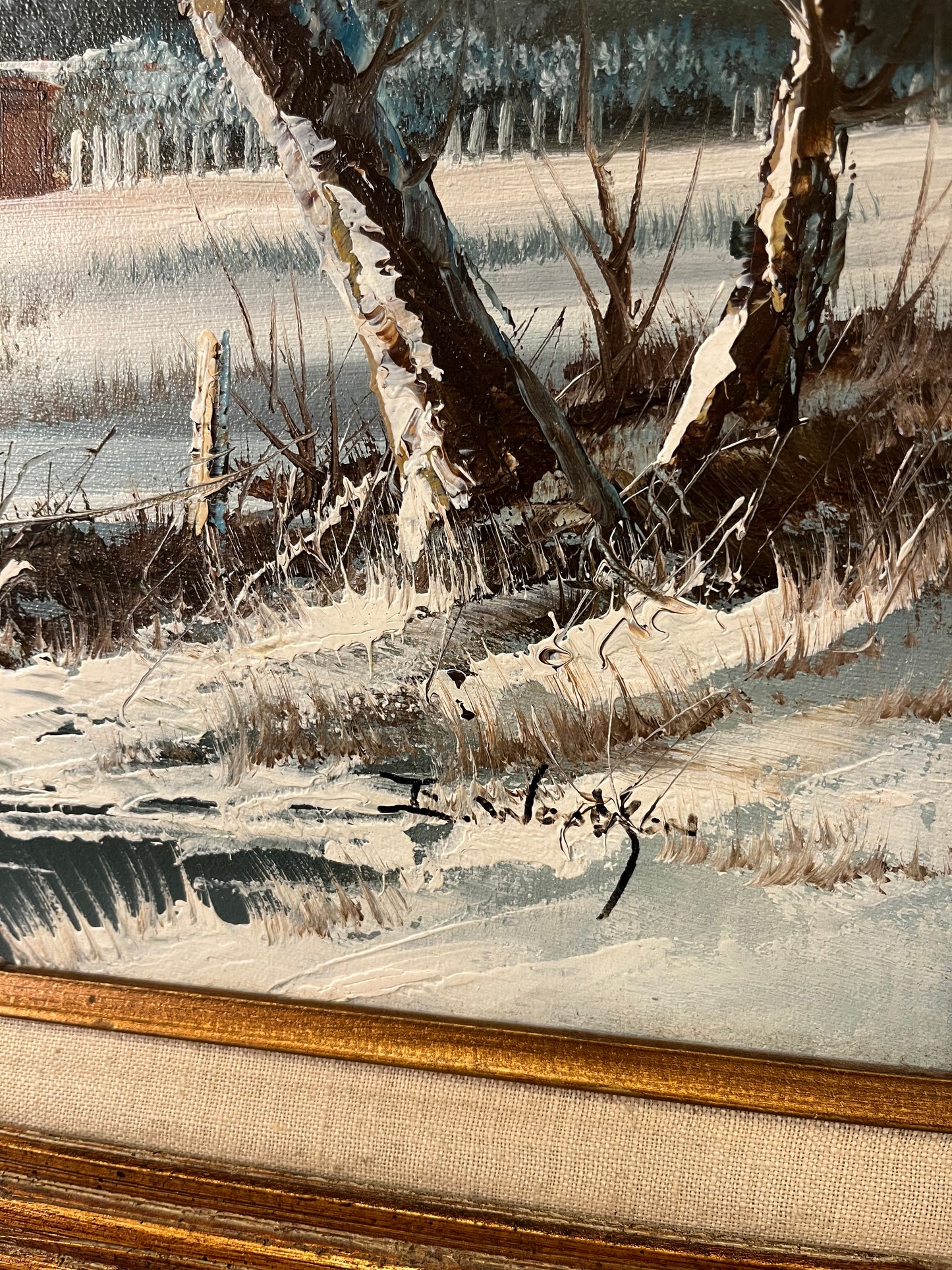 Winter Barn Painting in wood frame