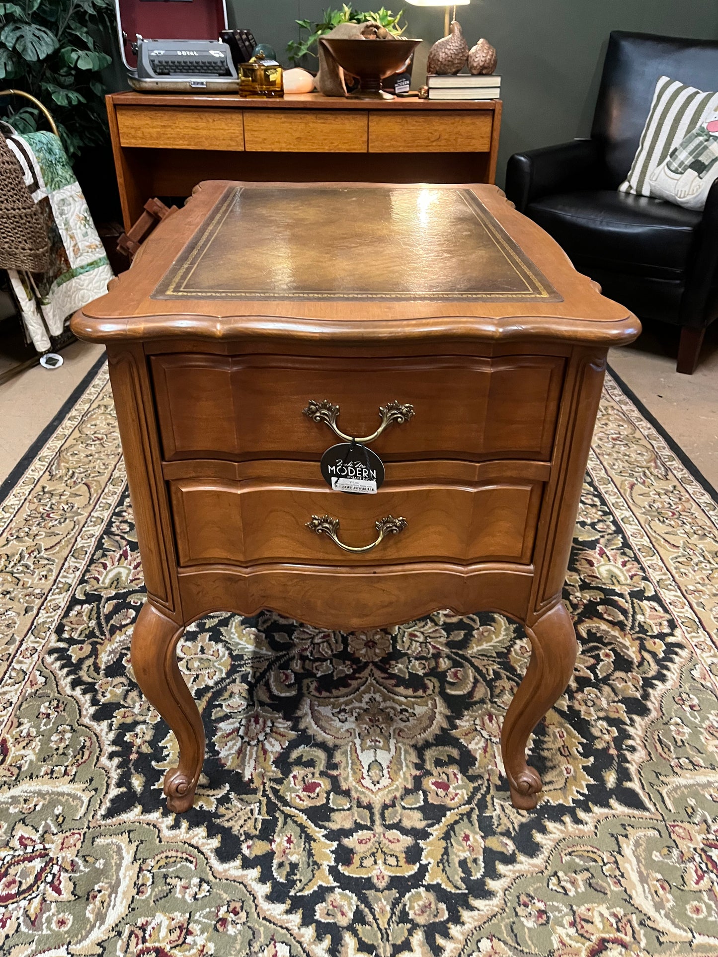 Vintage Wood Side Table with Leather Top
