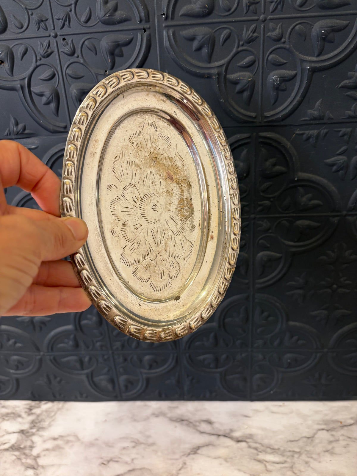 6.5" Silver Plate Etched Oval Tray AS IS
