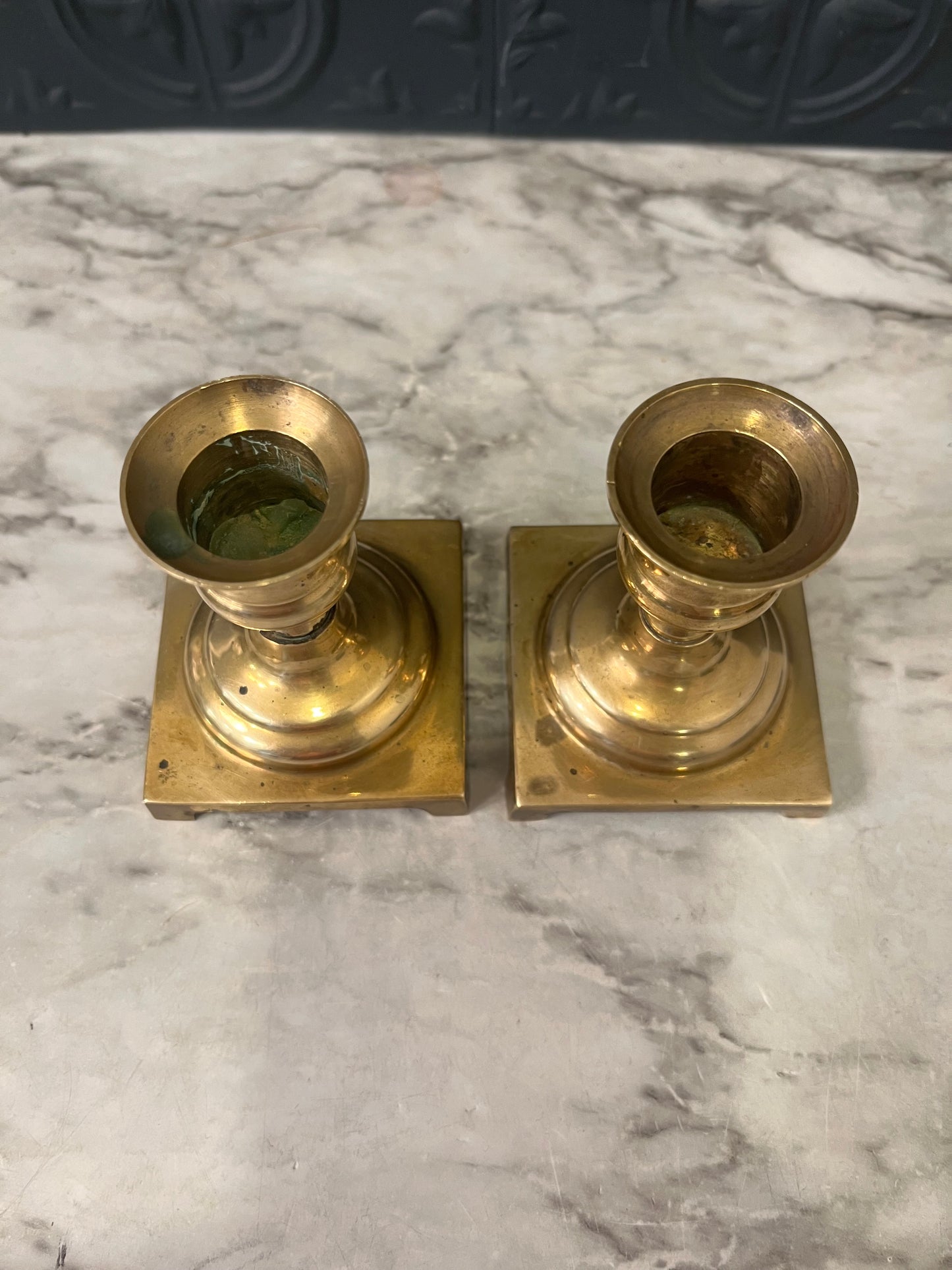Brass Set of Candle Holders Short with Square Base
