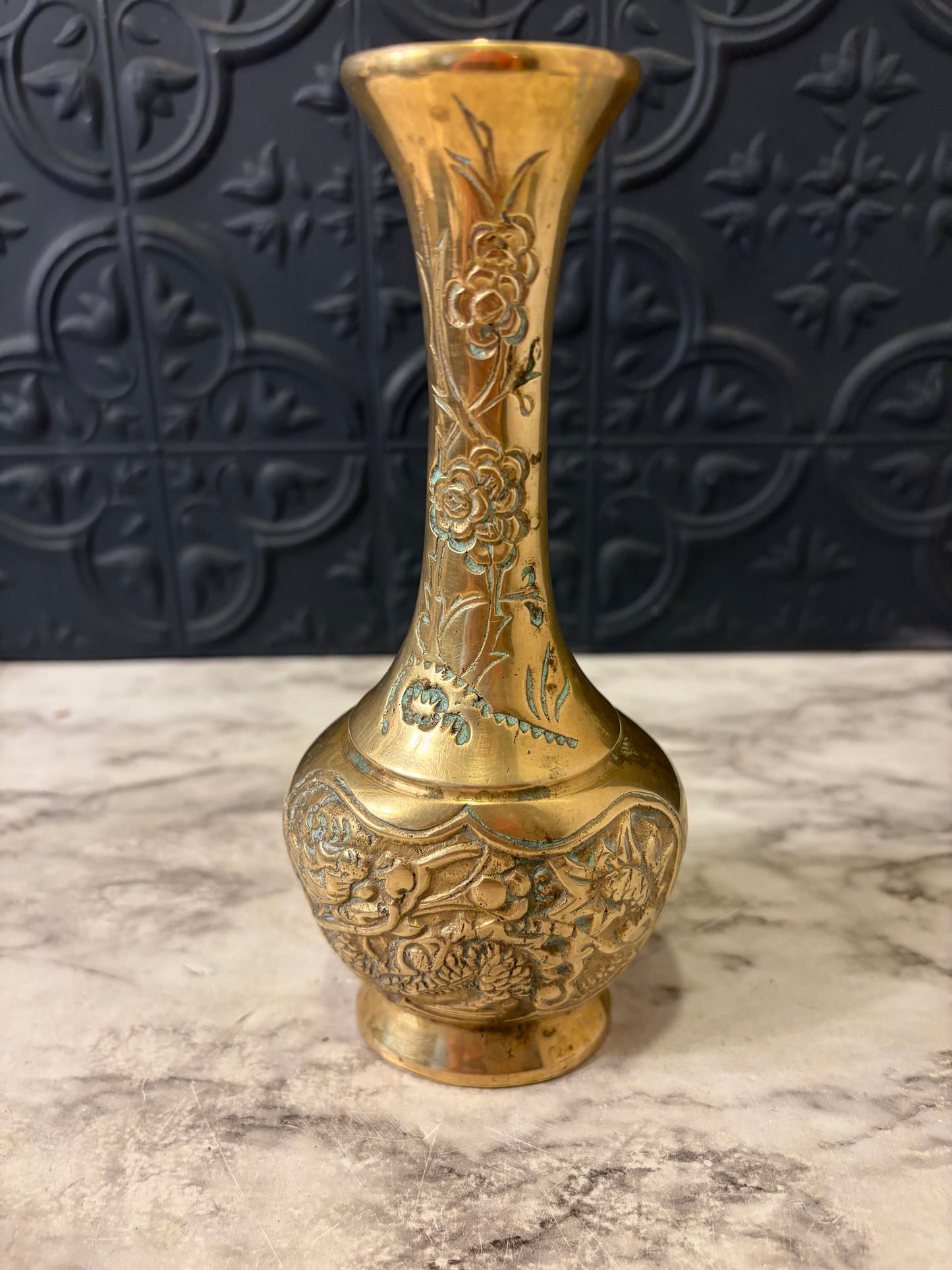 Japanese Brass Etched Vase with Phoenix and Bamboo