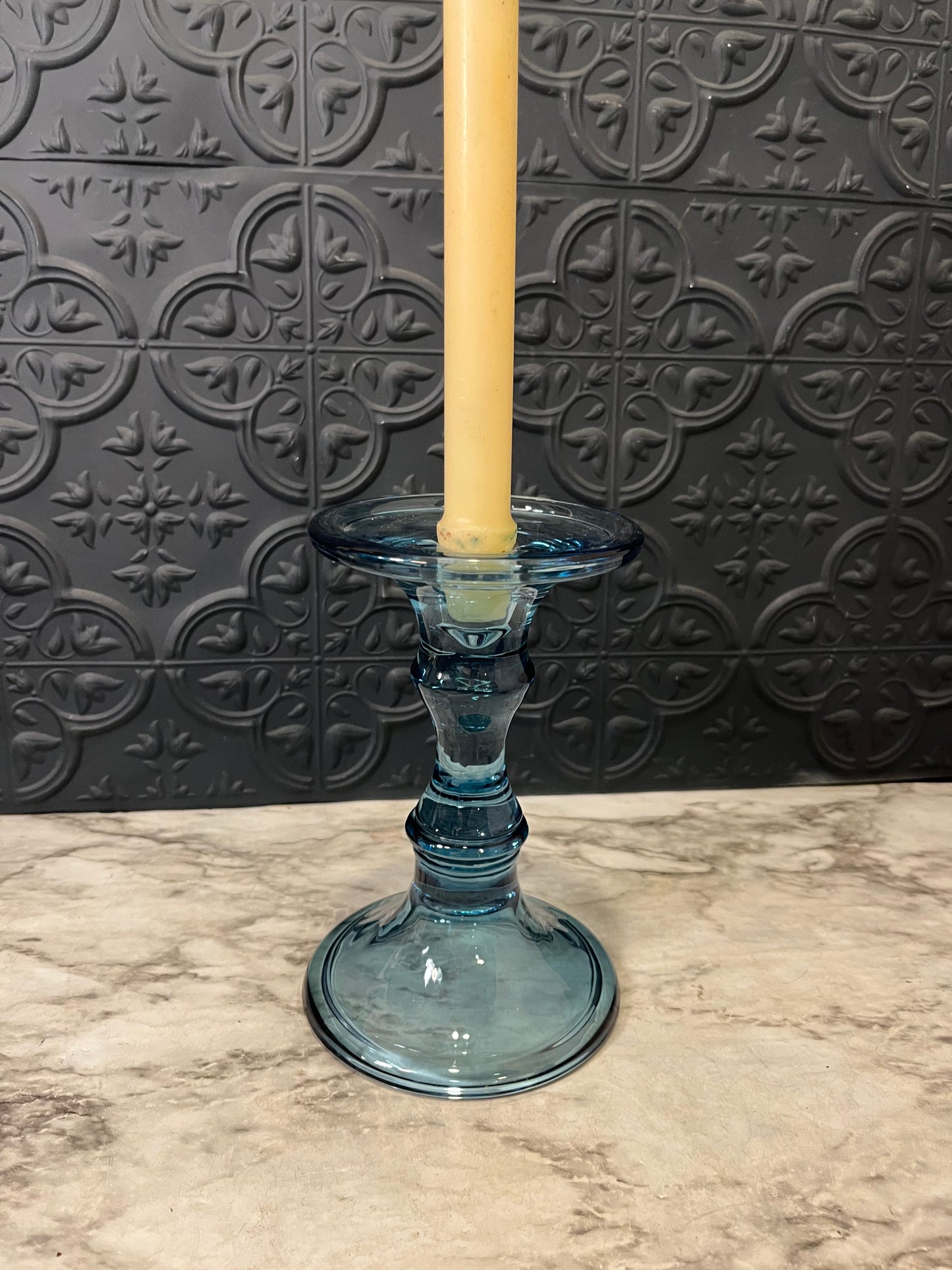 Blue Glass Candle and Pillar Holder 7"