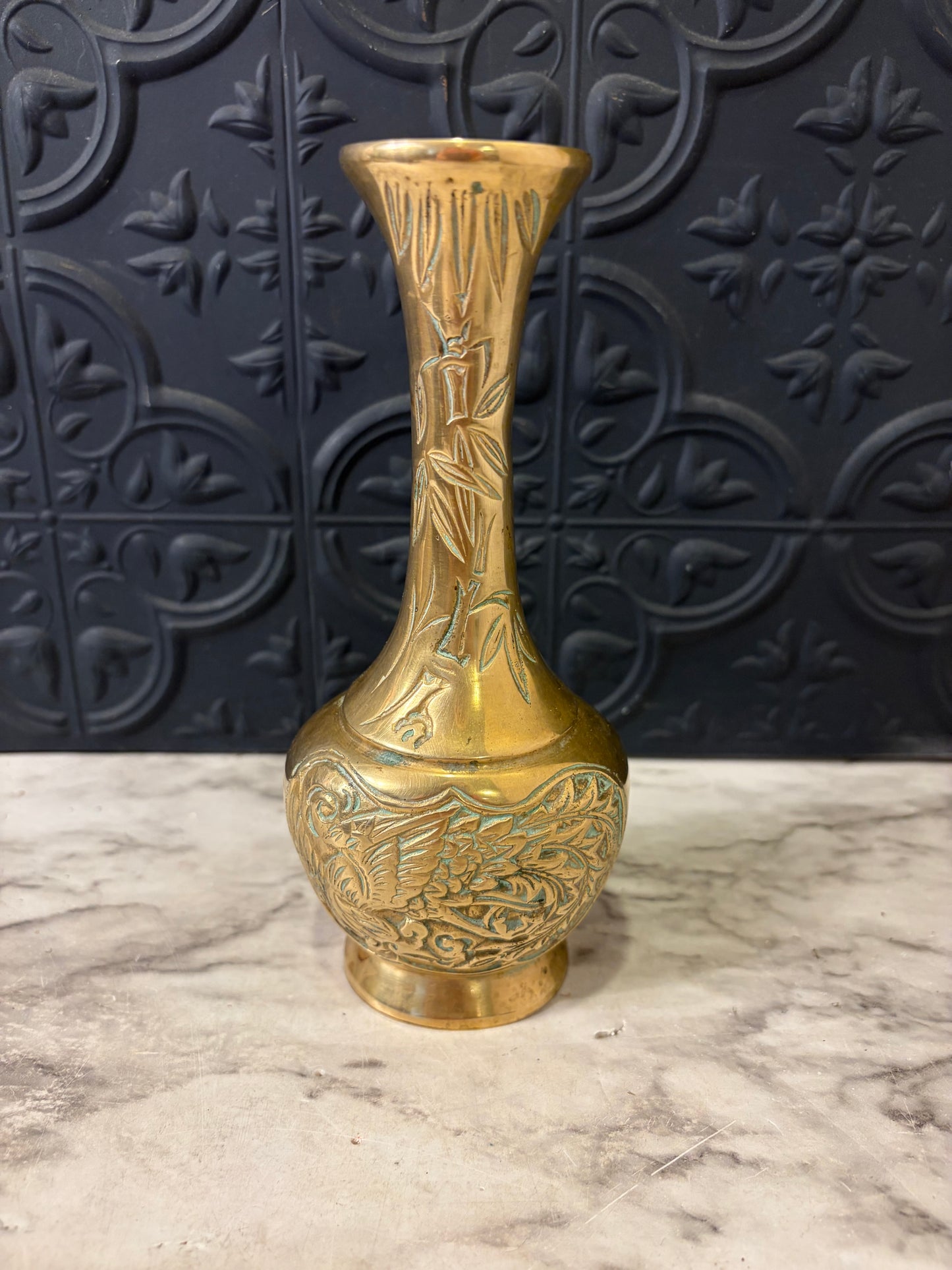 Japanese Brass Etched Vase with Phoenix and Bamboo