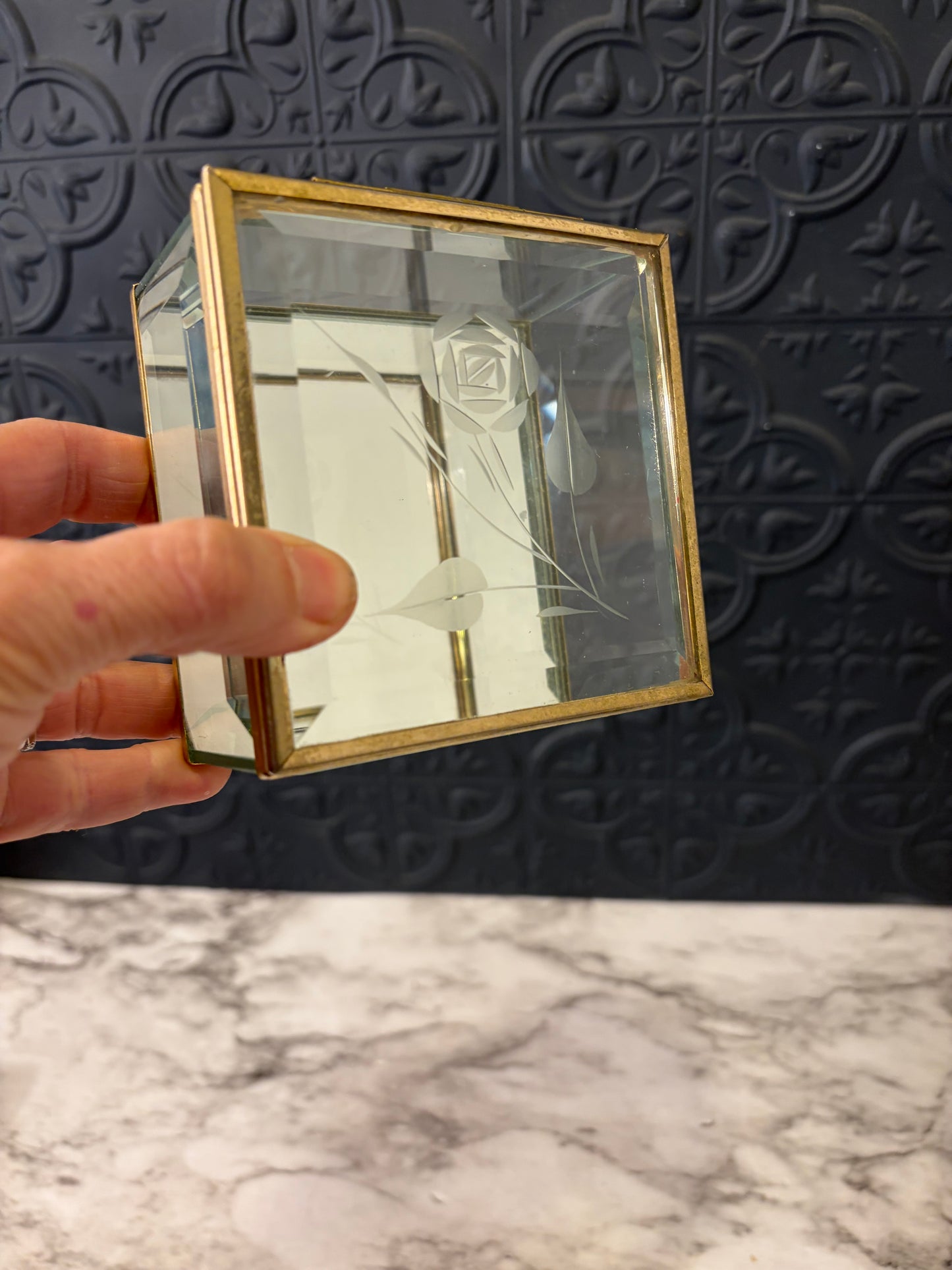 Square Etched Glass and Brass mirrored box