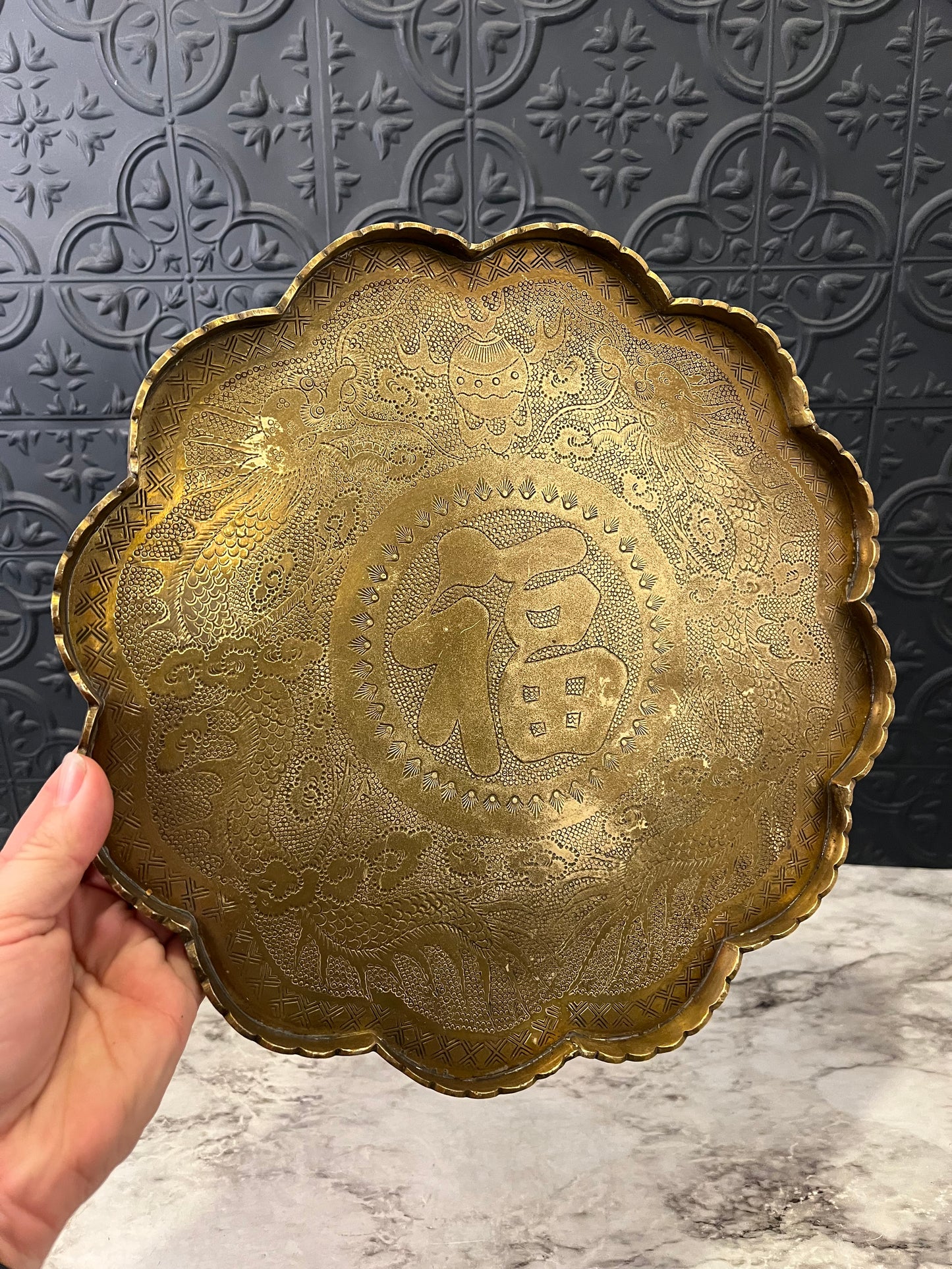 Scallopped Etched Brass Tray with Dragons