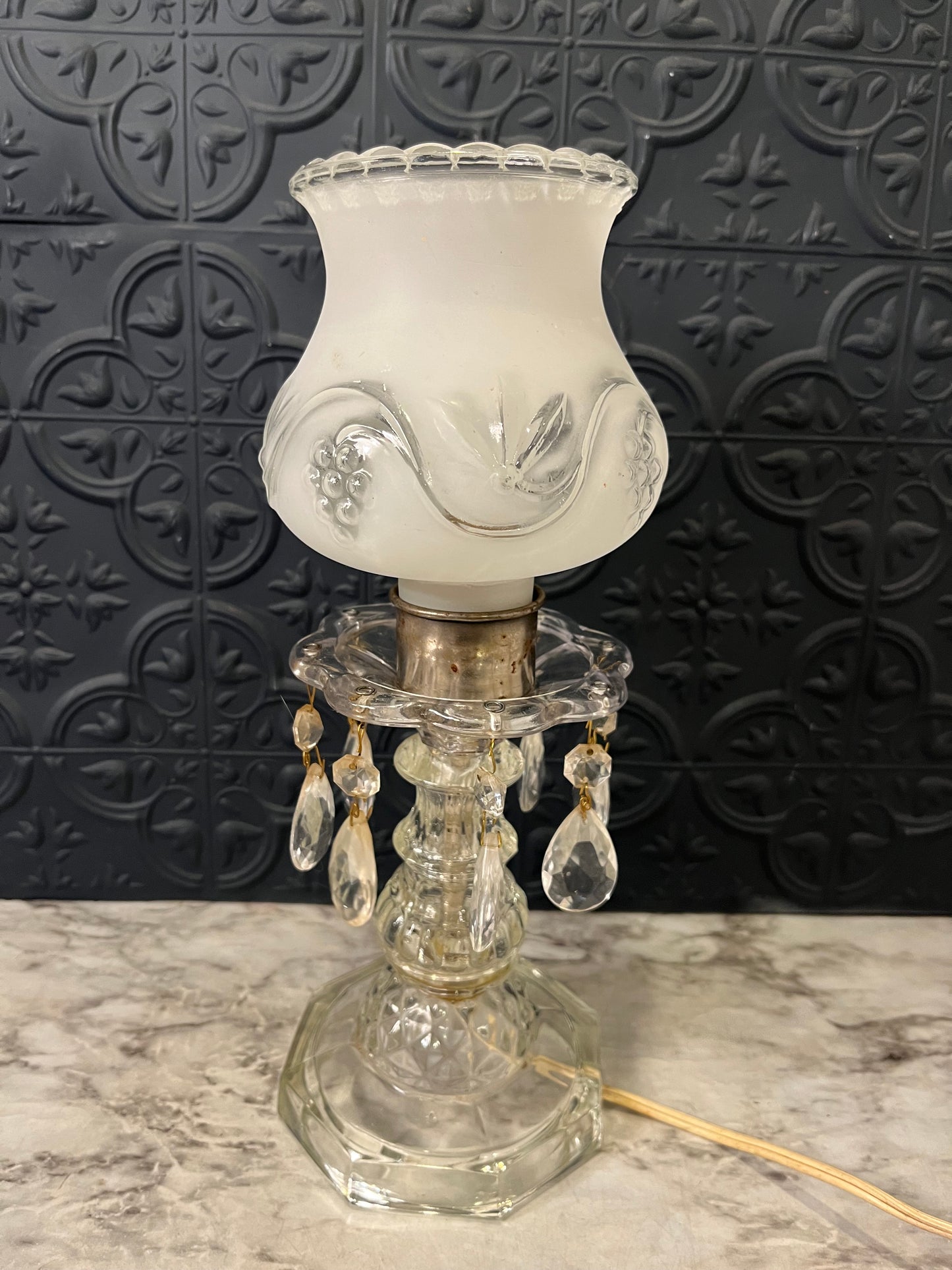 Antique Table Lamp with Hurricane and Crystals