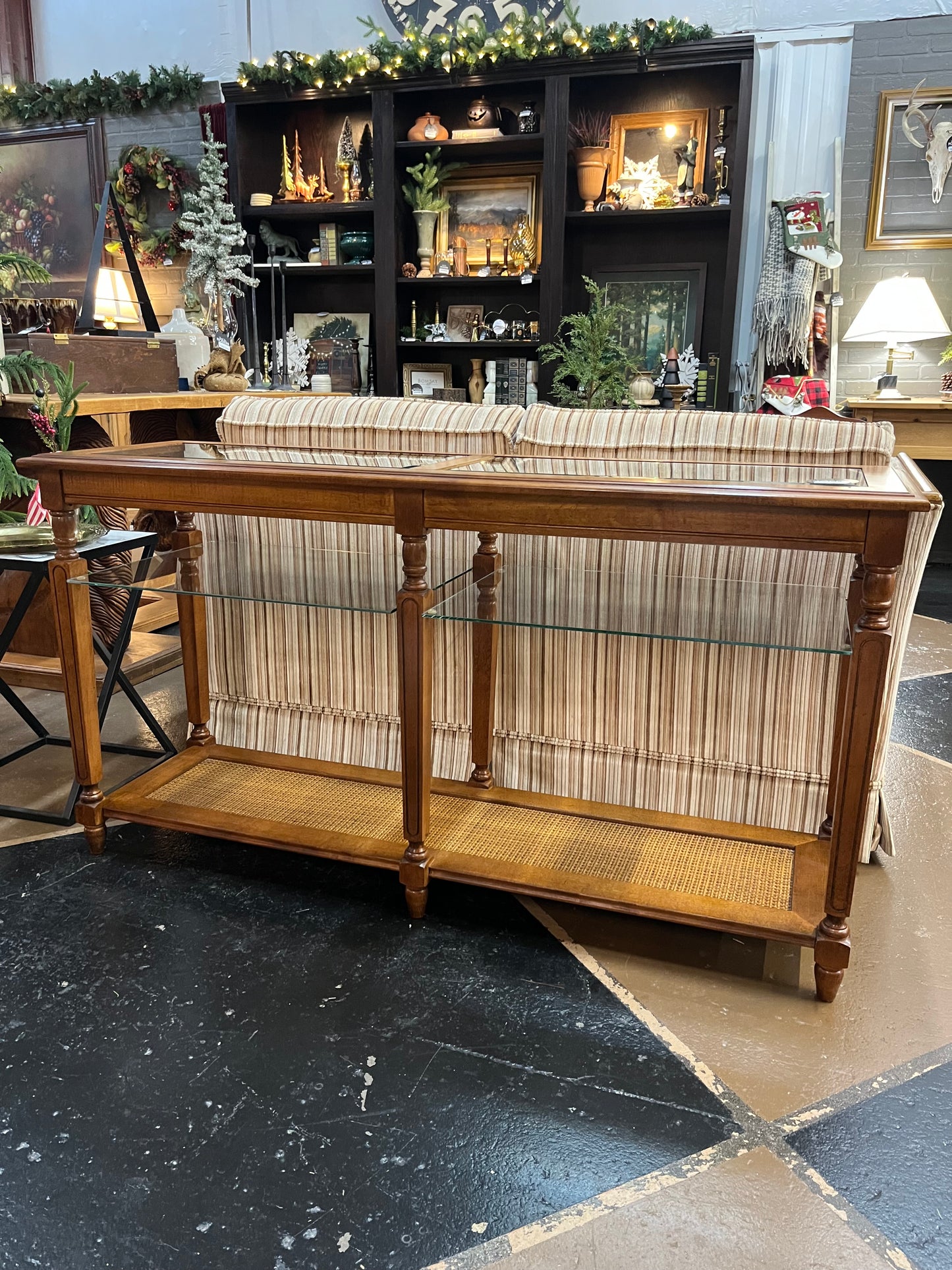 Vintage Wood and Glass Sofa Table with Faux Cane Shelf