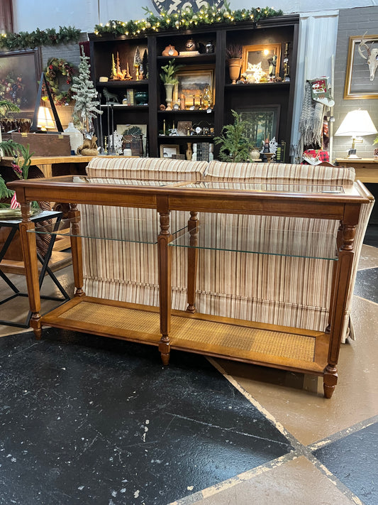 Vintage Wood and Glass Sofa Table with Faux Cane Shelf