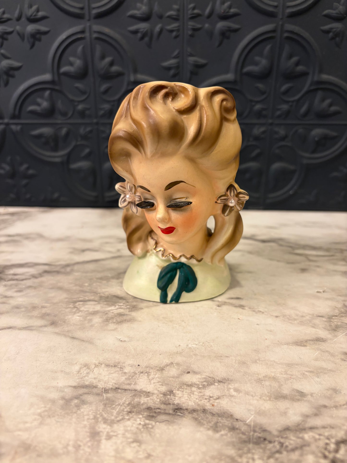 Enesco Teenager Head Vase with Green Bow
