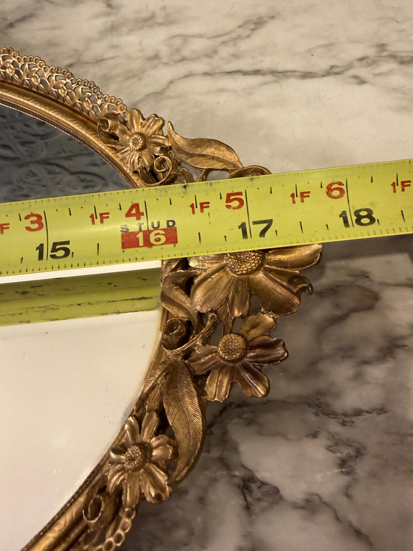Vintage Oval Mirror Tray with Flower Handles 18"