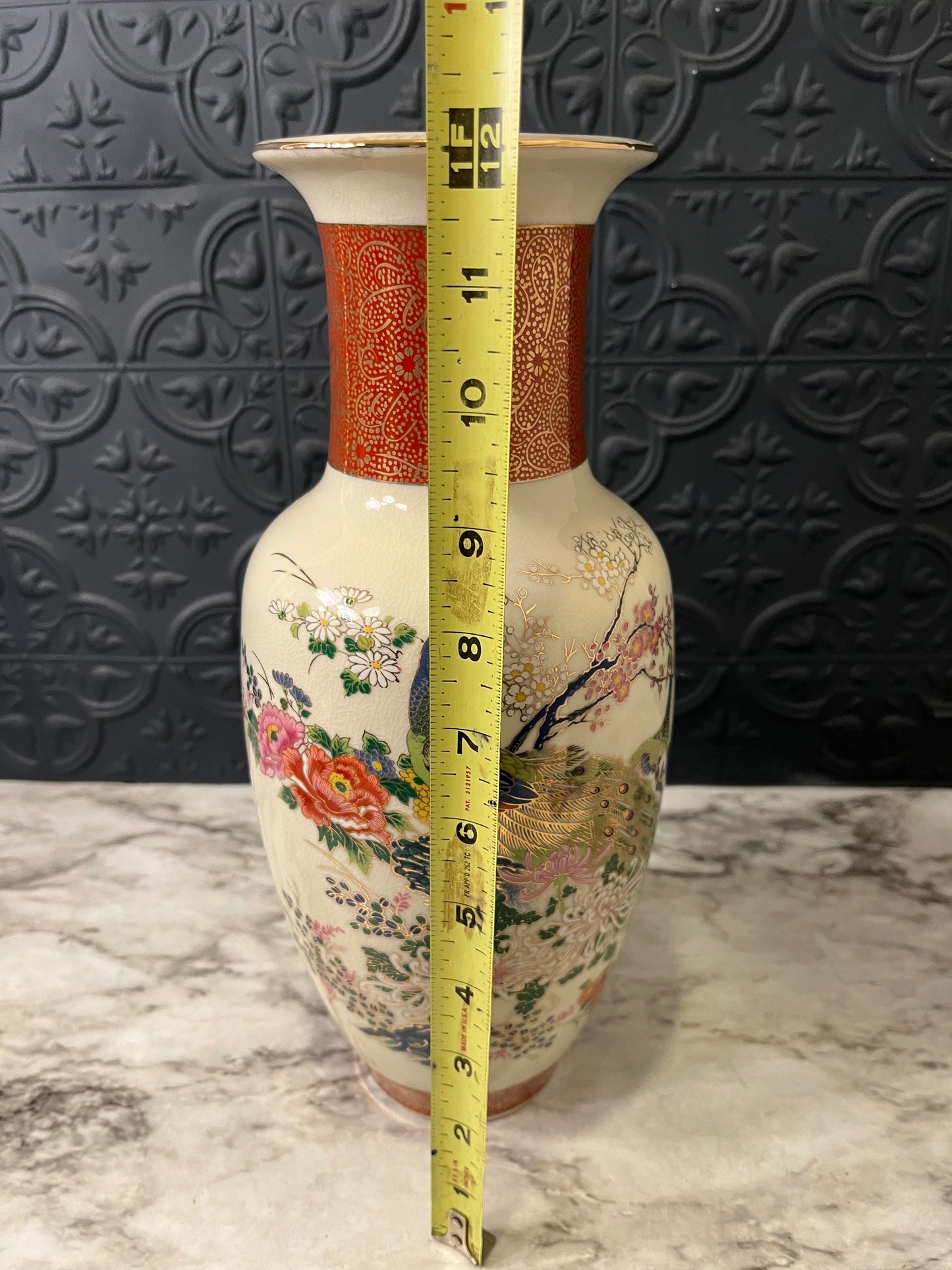 Tall Satsuma Peacock Floral Vase Orange Rim