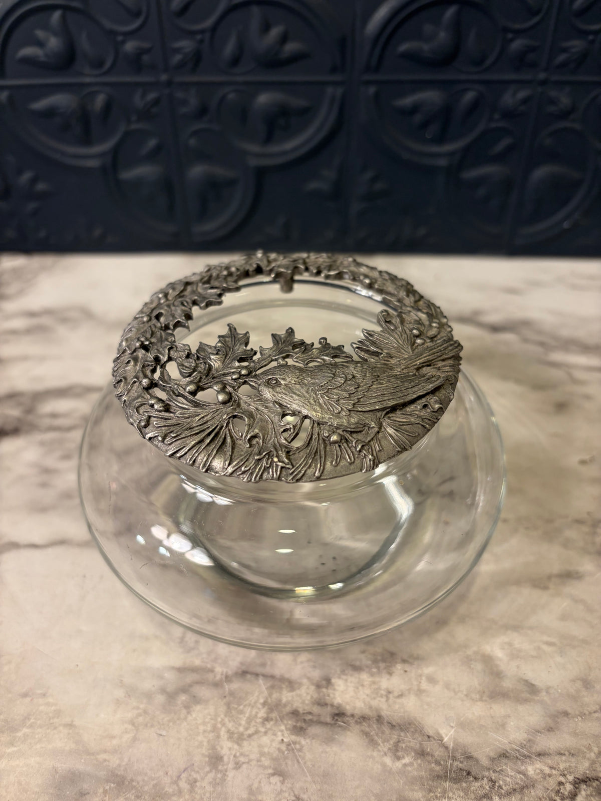Glass Potpourri Bowl with Pewter Lid Bird