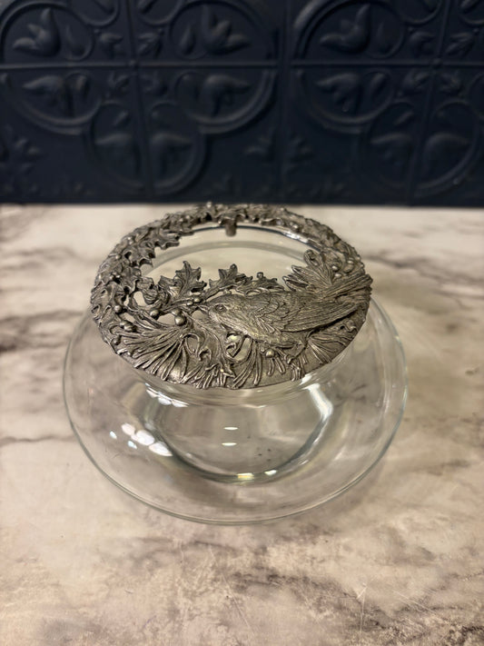 Glass Potpourri Bowl with Pewter Lid Bird
