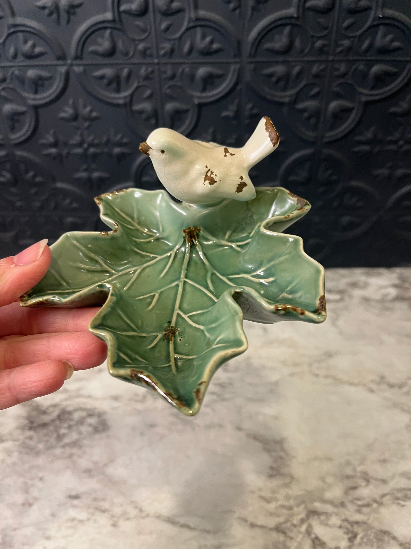 Ceramic Bird on Leaf Dish