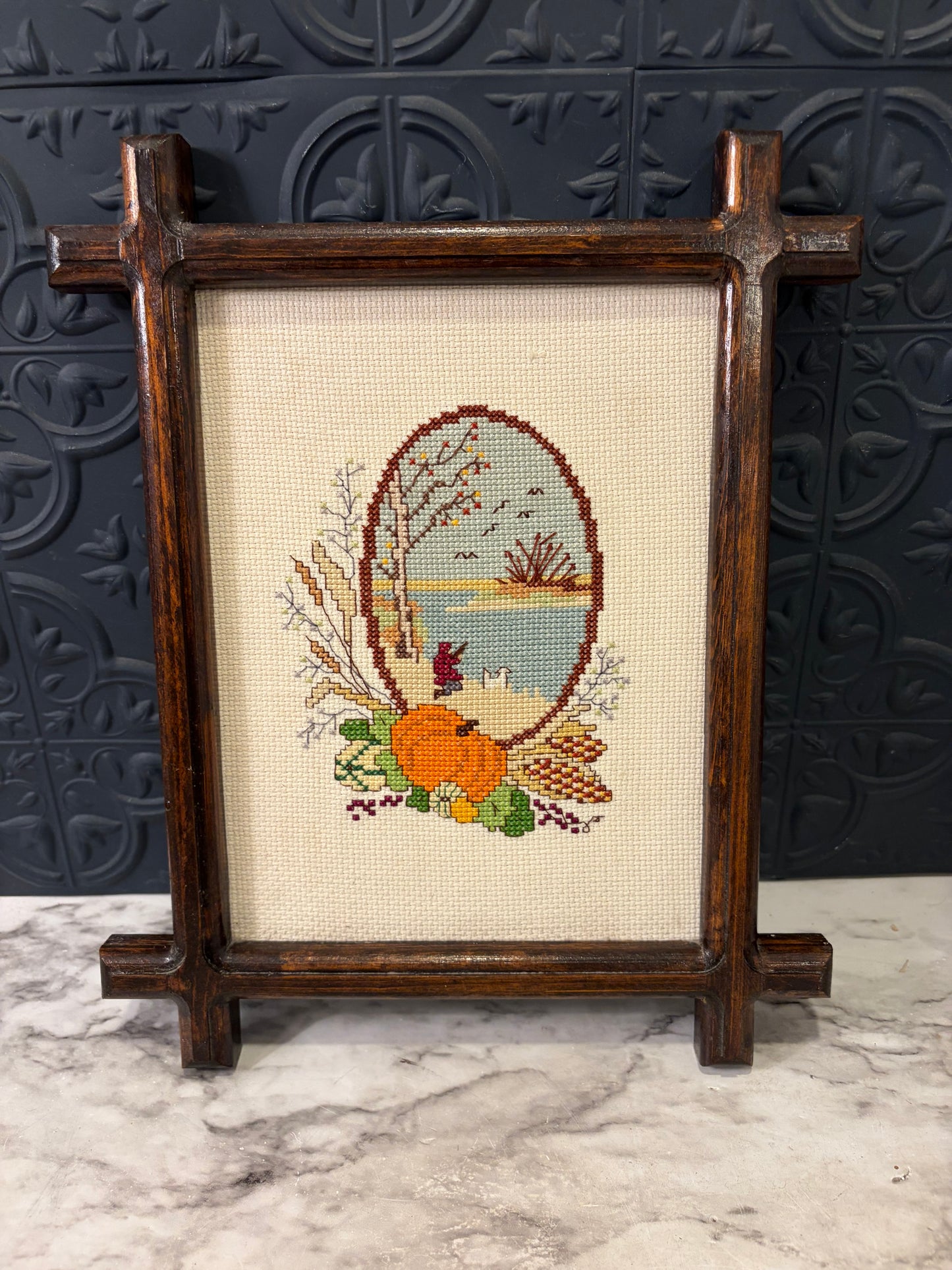 Framed Cross Stitch of Fall