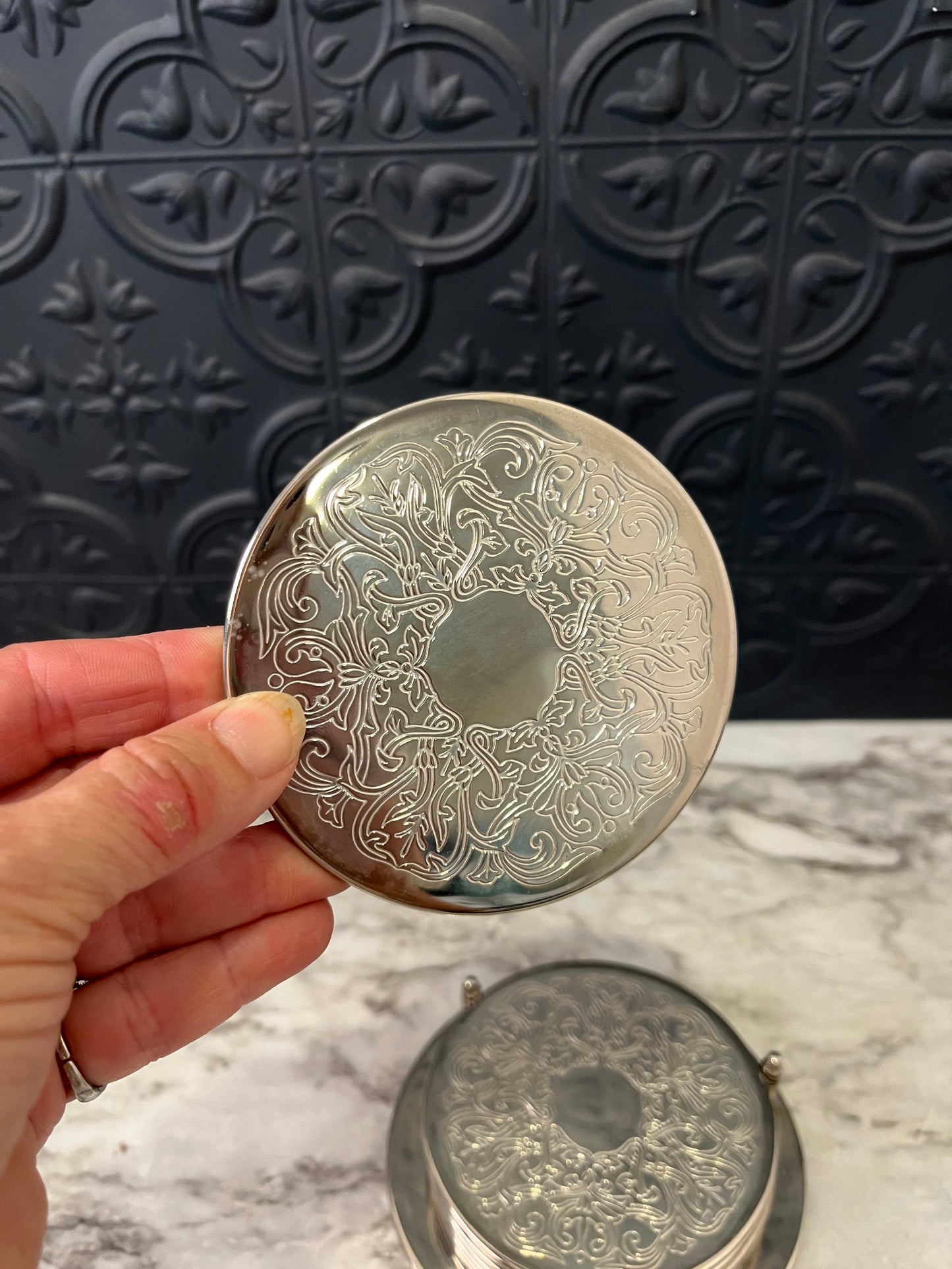 Set of 6 Silver Plate Etched Coasters