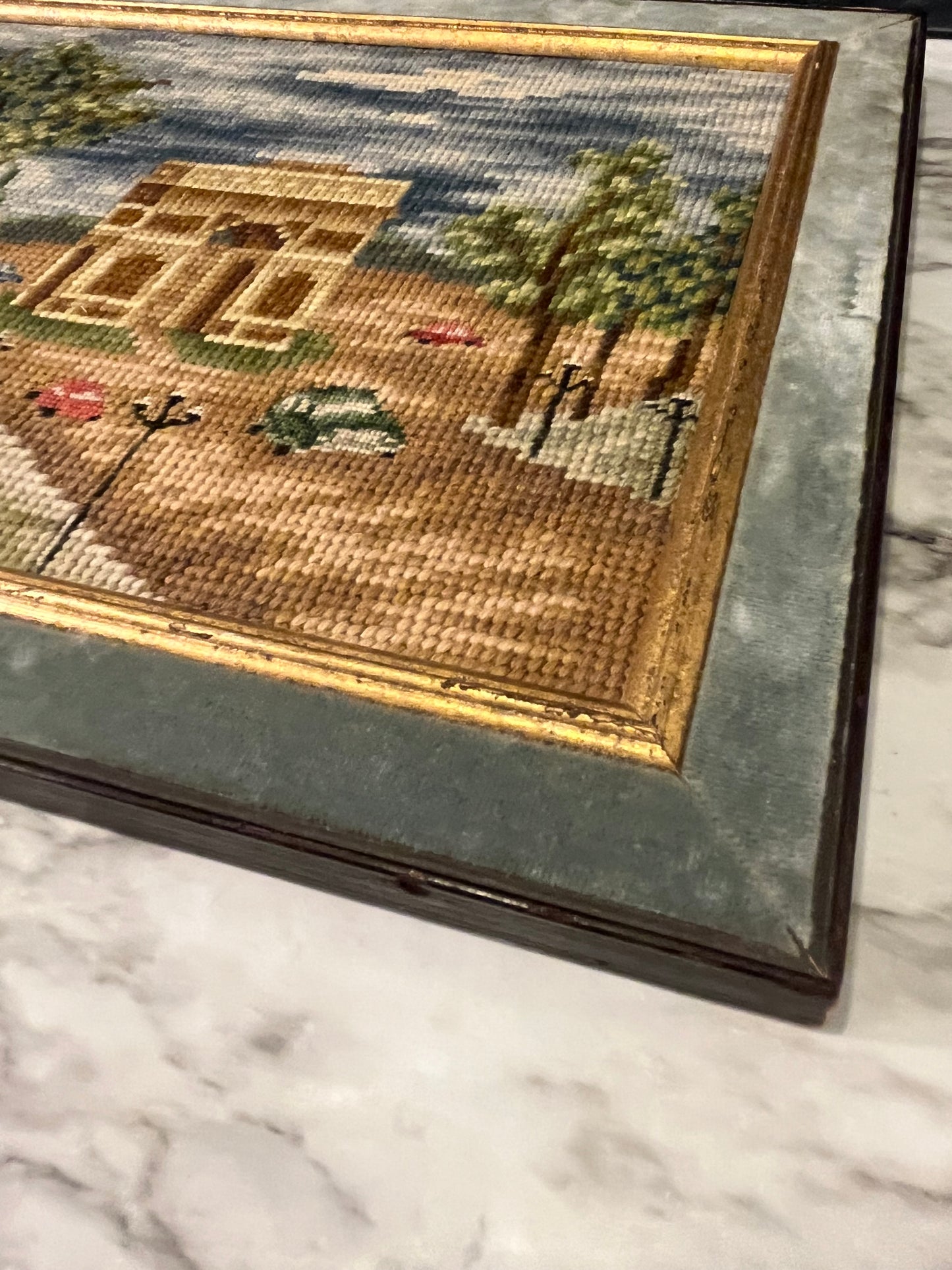 Vintage Needlepoint with Turqouise Velvet Frame