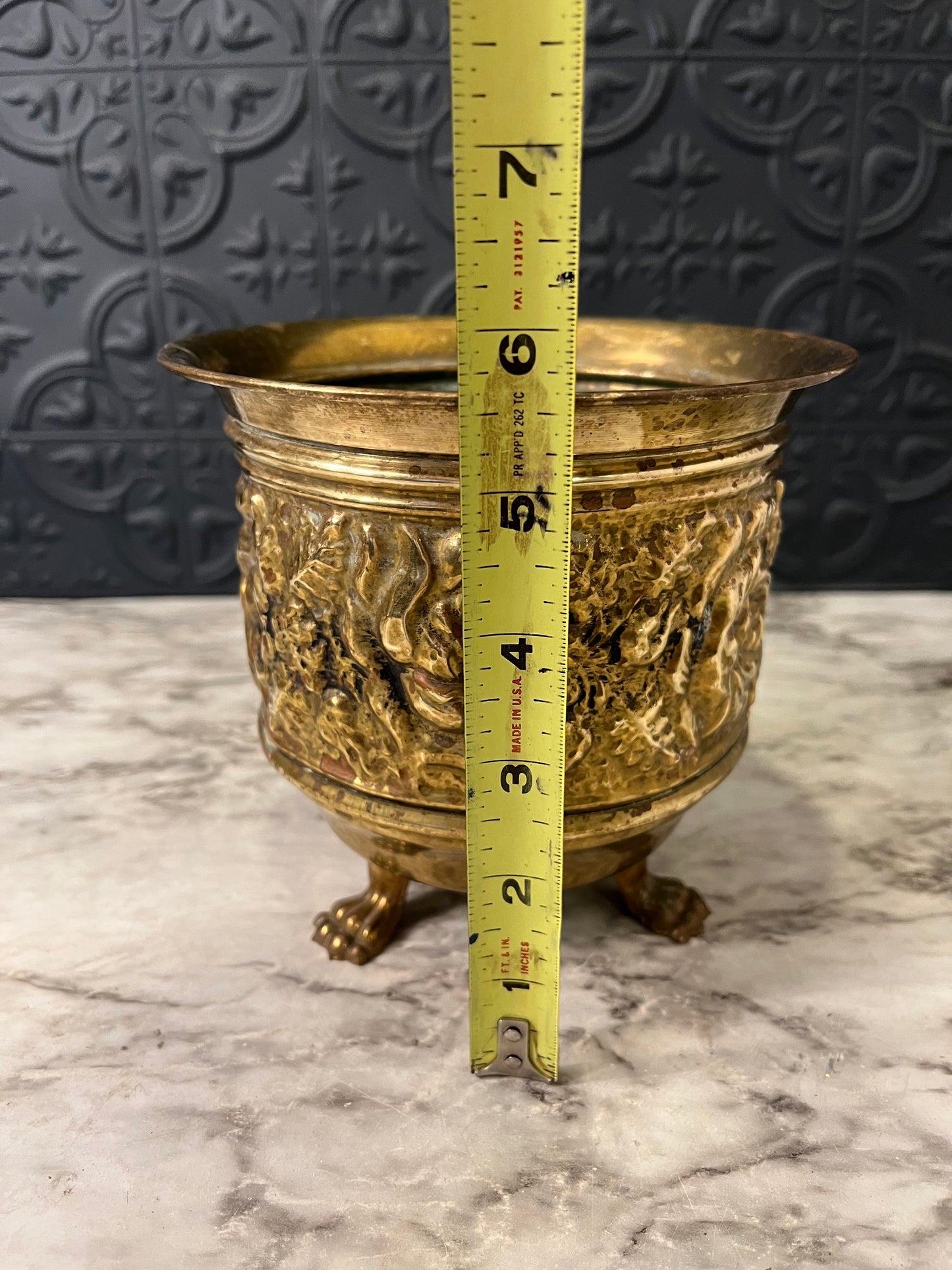 Footed Brass Pot with Rose relief