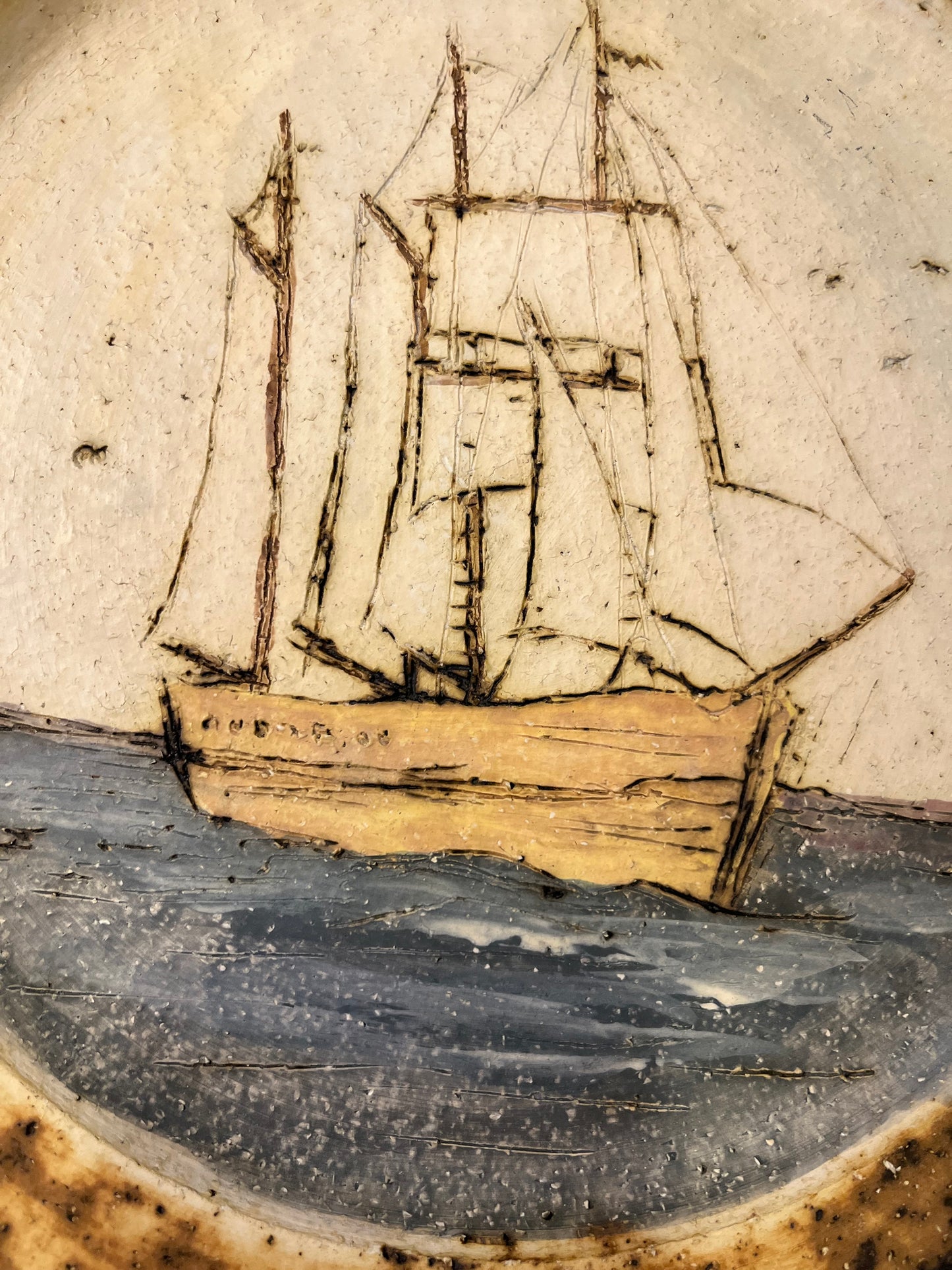 Decorative Pottery Plate with Ship 12.5"