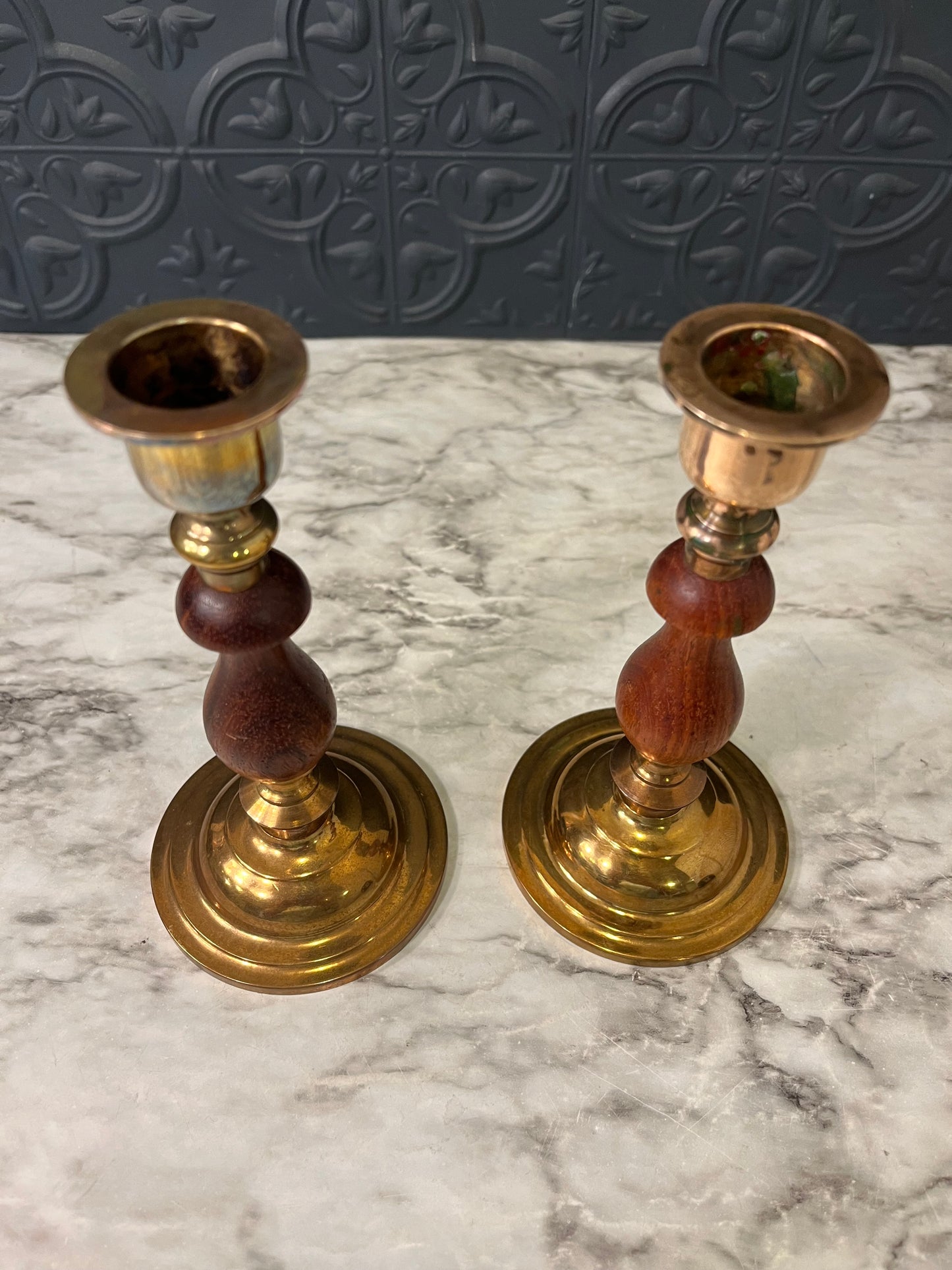 Brass and Wood Candle Holder x 2