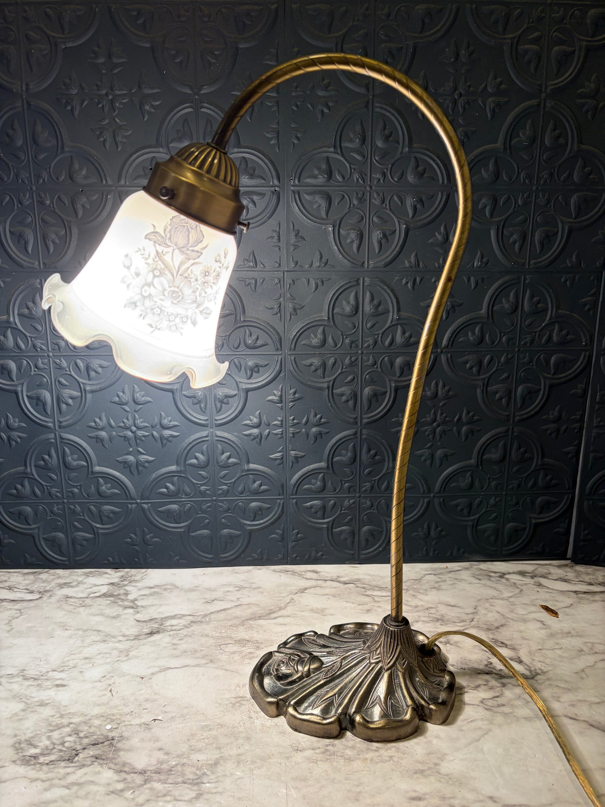 Lilly Pad Lamp with Blue Floral Glass and Rose Base