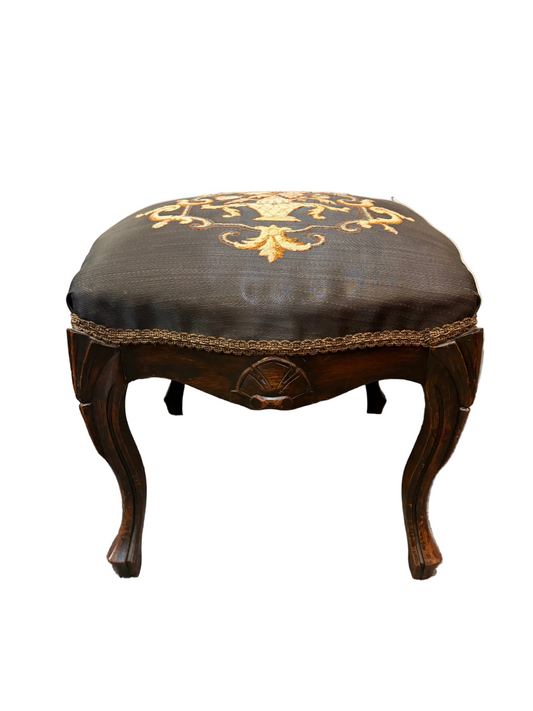 Wood Stool with Gray Embroidered Fabric