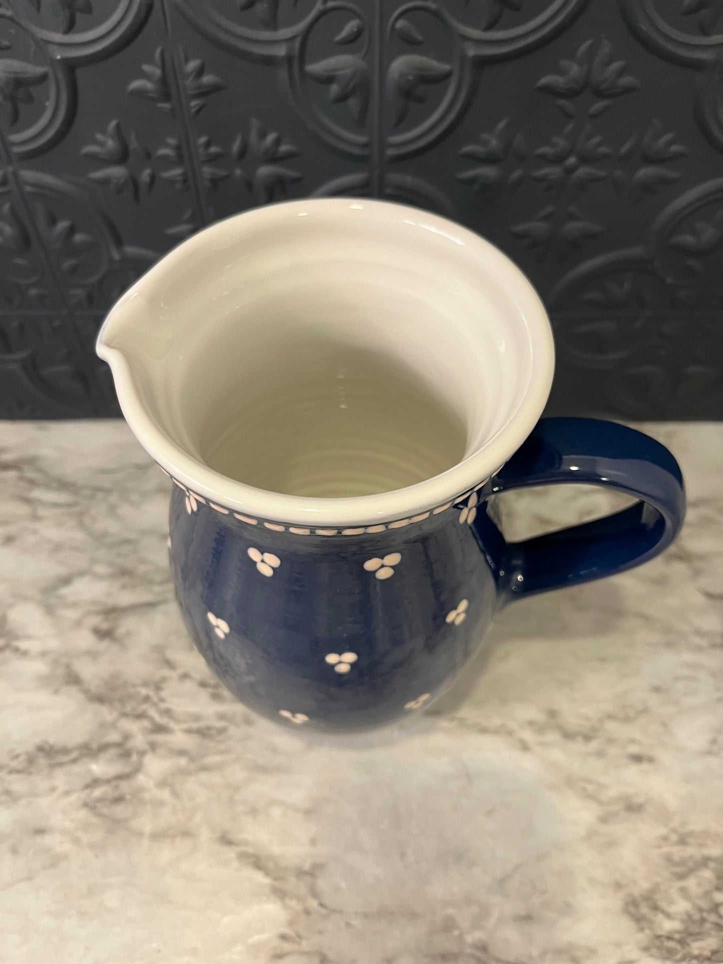 Blue and White Pitcher with White Dot Design