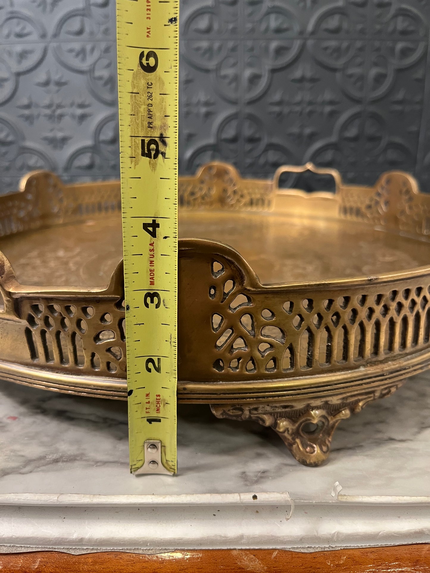 Large Brass Footed Etched Tray