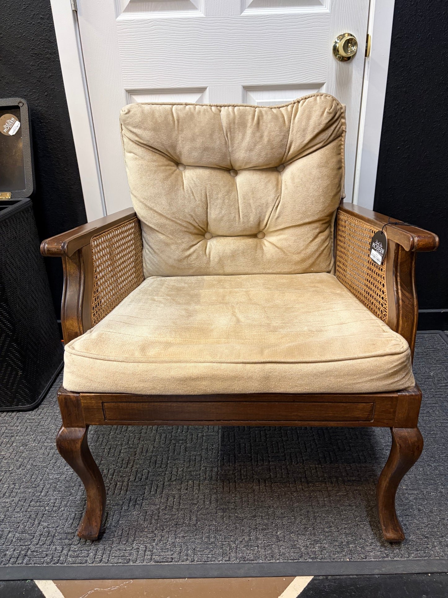 Champagne Velvet Chair with Cane Arms