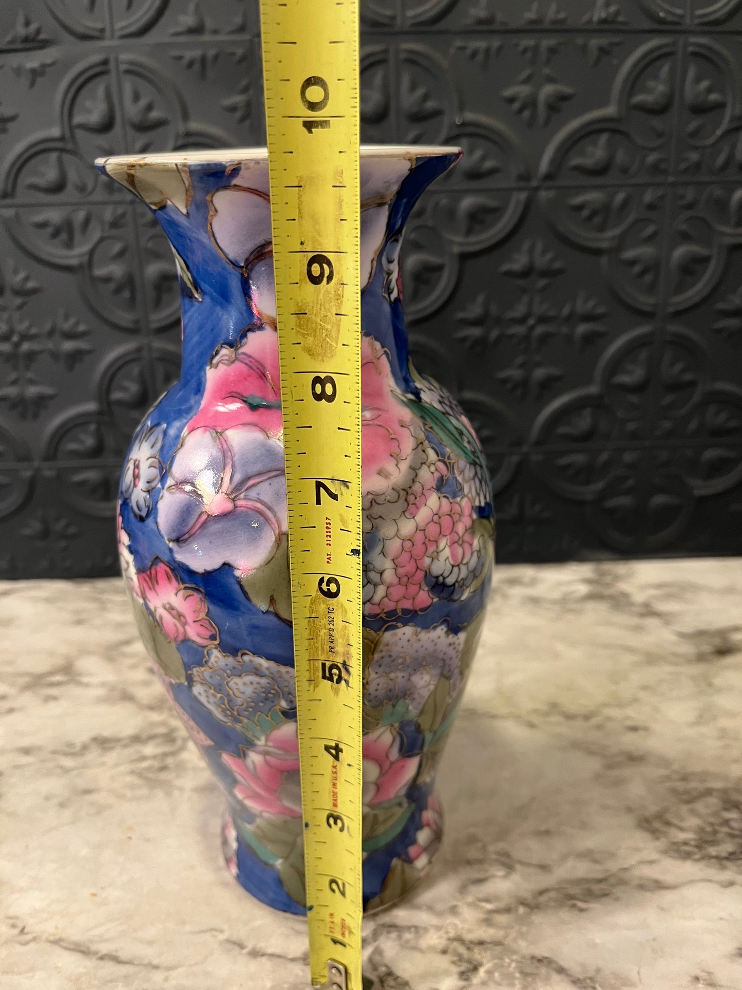 Blue Vase with Pink and Purple Florals 9.75"