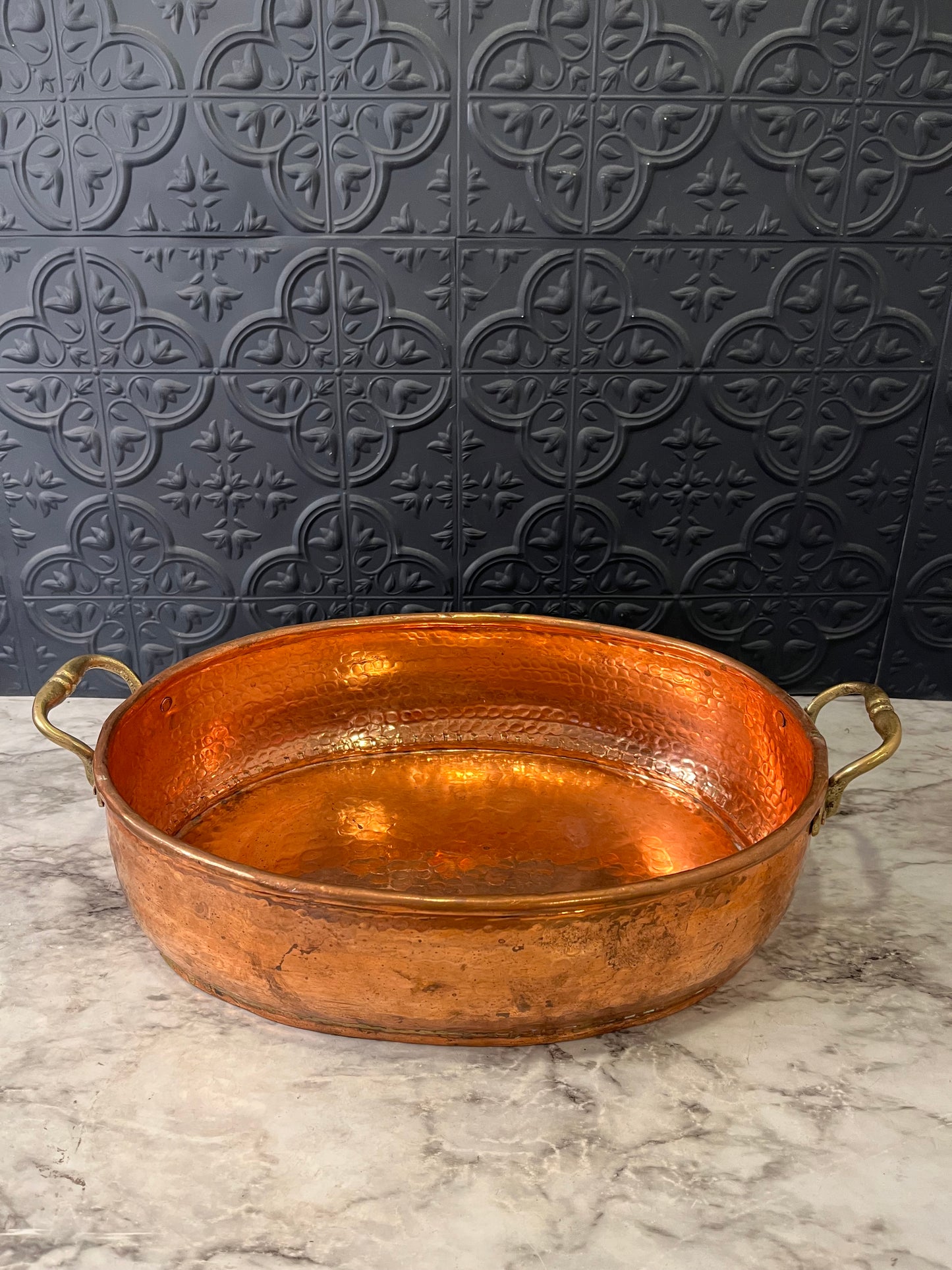 Hammered Copper Pot with Brass Handles 3.75 d 14 L x 10 W