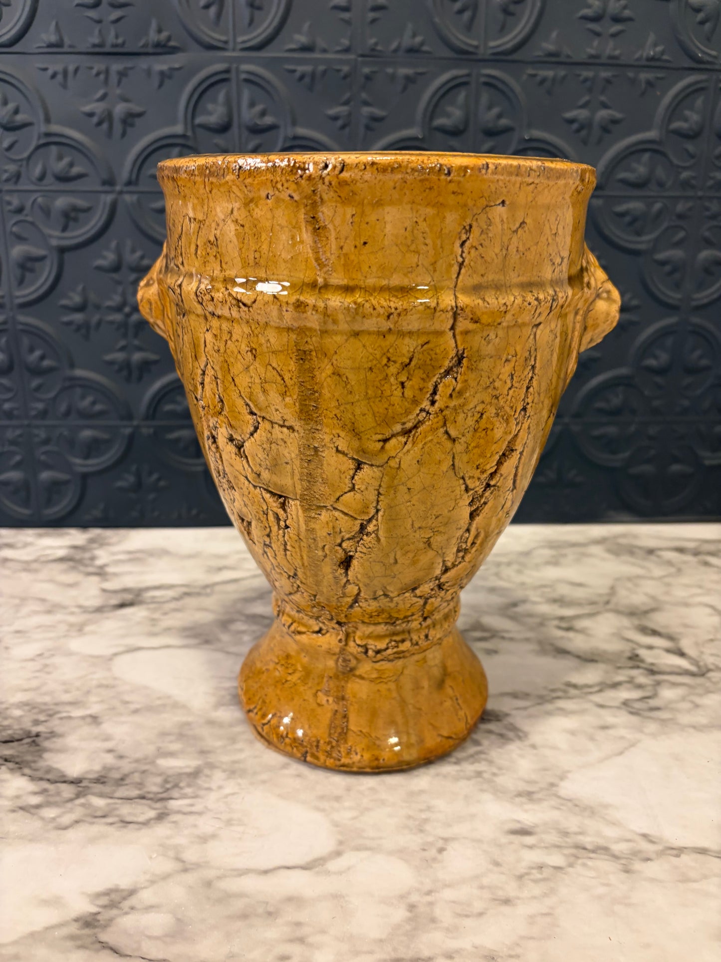 Mustard Crackle Urn with Lion Heads