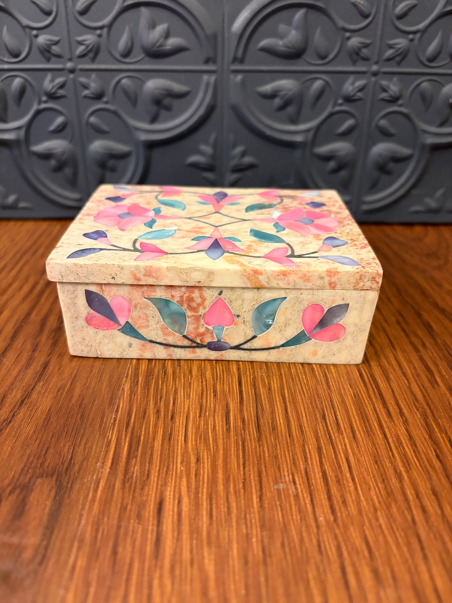 Marble Trinket box with Pink and Blue Inlay
