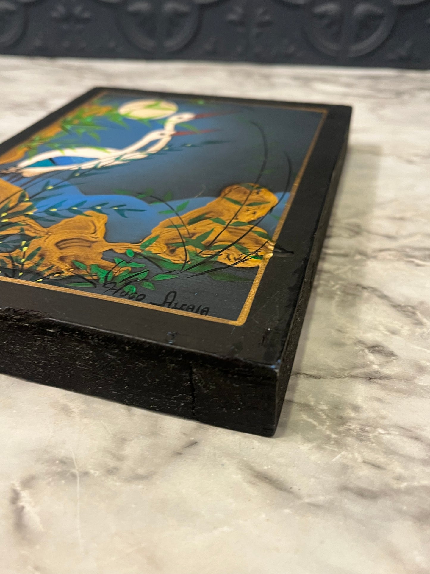 Vintage Stork Painting on Wood by Hugo Alcala