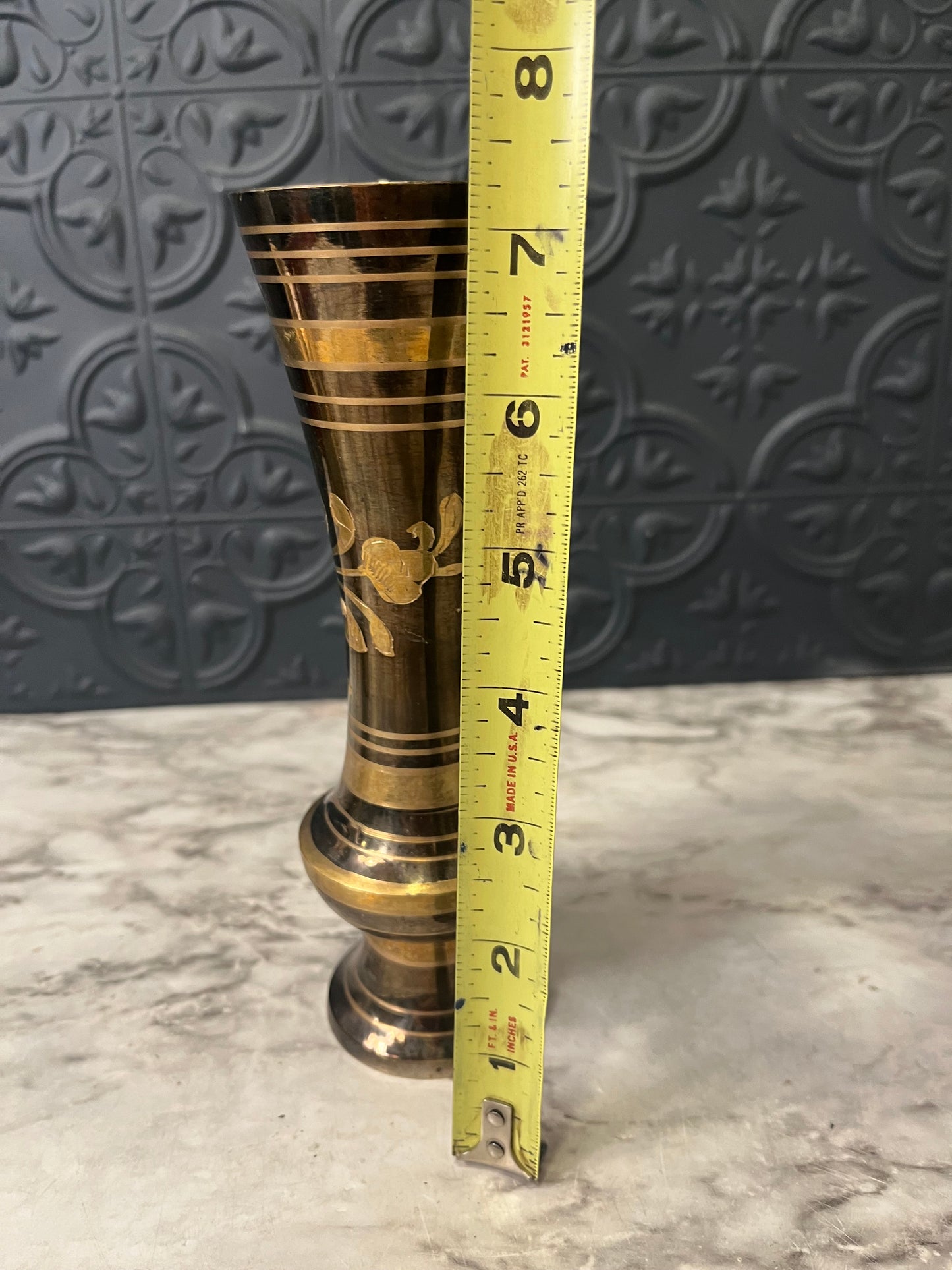 Black and Gold Etched Vase with Floral Center