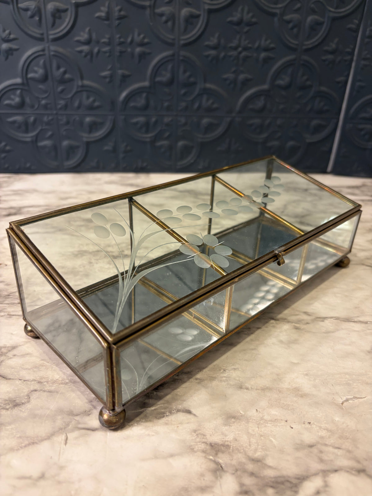 3 Section Etched Glass Jewelry Box