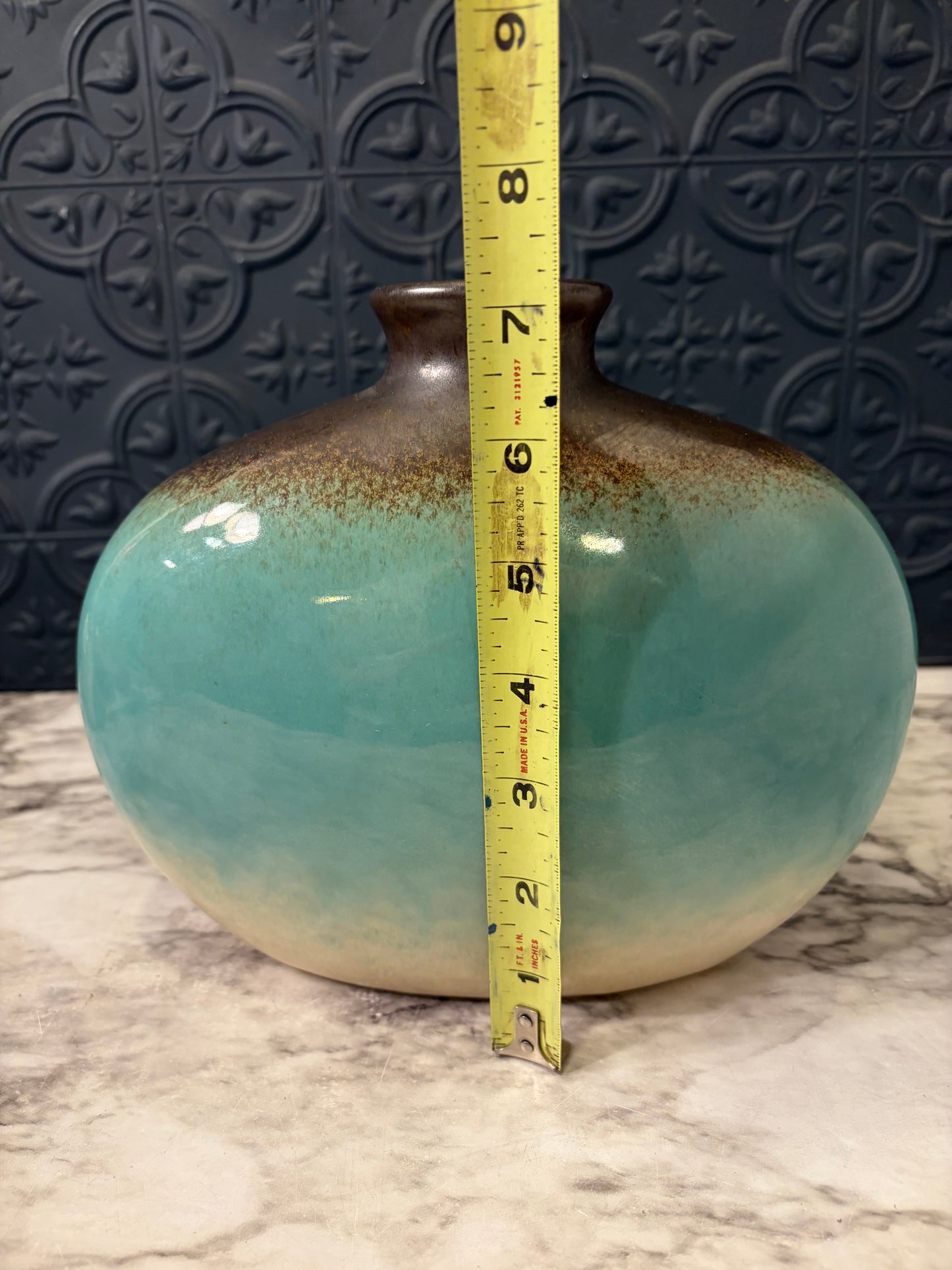 Blue Pottery Vase with Blue Rim Oval Shape