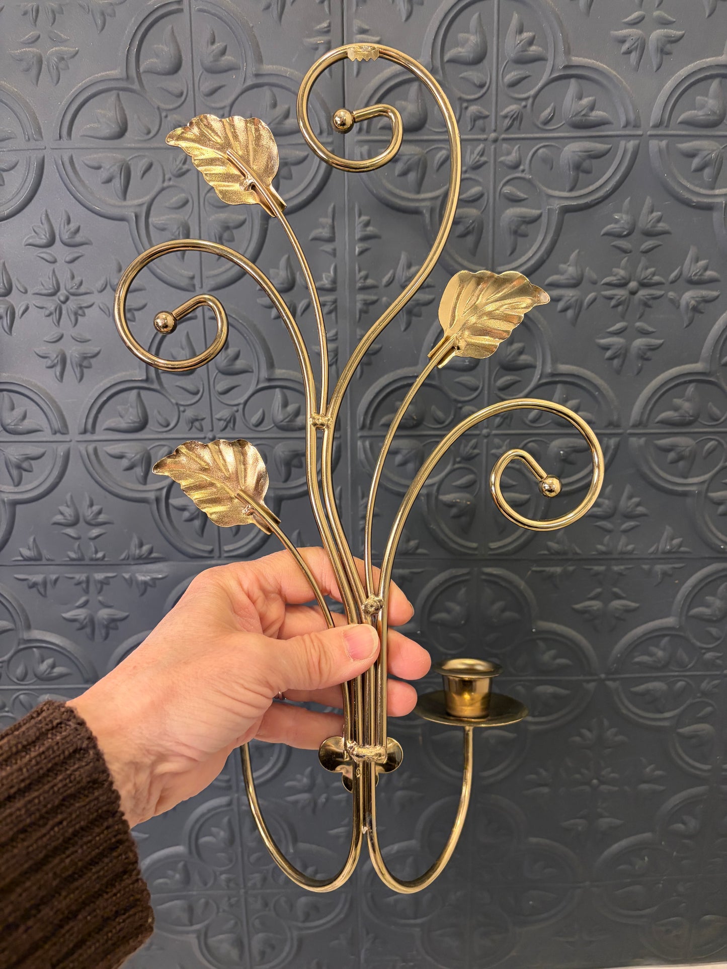 Brass Wall Sconce with Leaves and two Candle holders
