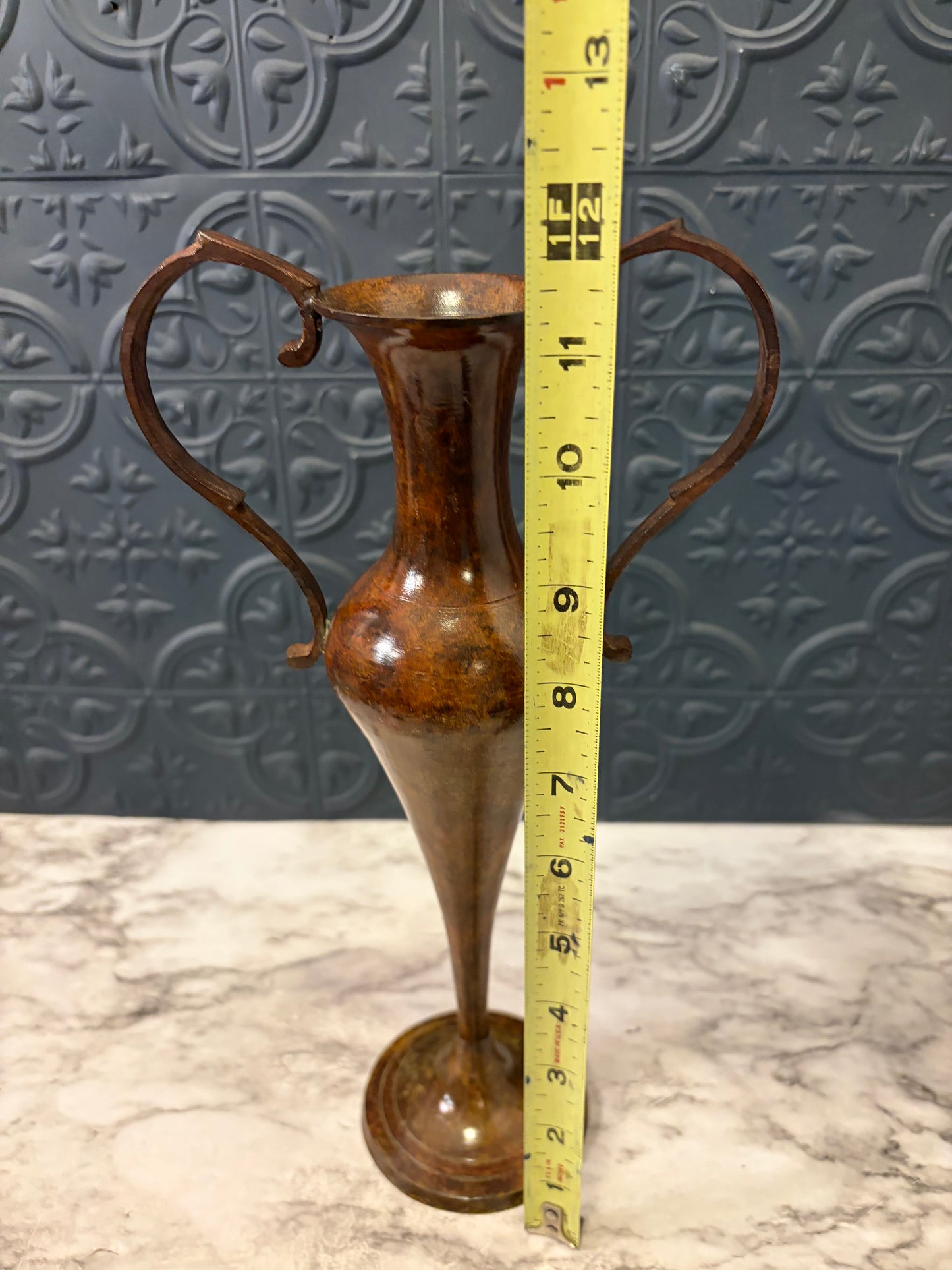 Tall Thin Vase with Handles Brown Metal