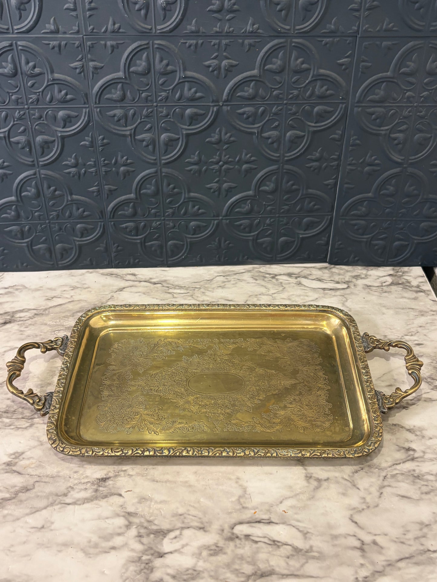 17" Etched Rectangle Metal Tray with Handles