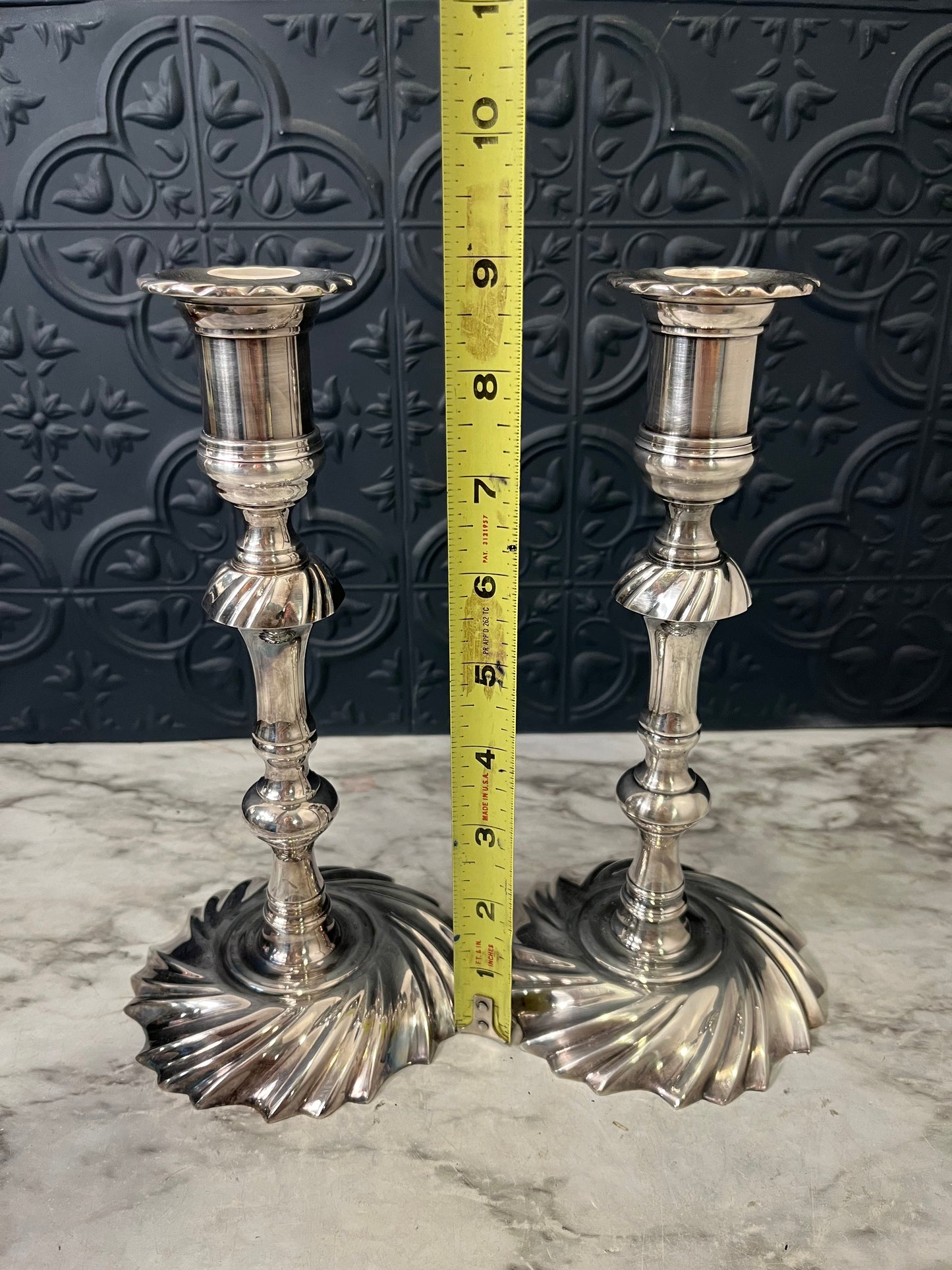 Pair of Queen Anne Silver Plate Candle Holders Swirl Base