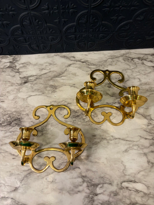 Hollywood Regency Double Brass Candle Sconce Set of 2