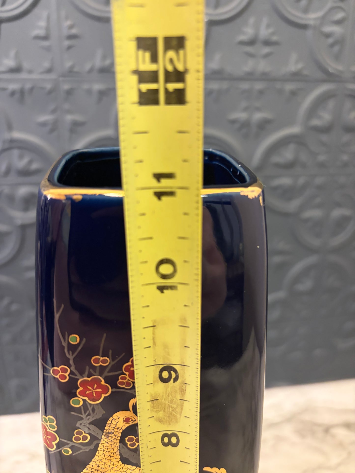 Dark Blue Square Japanese Vase with Peacocks