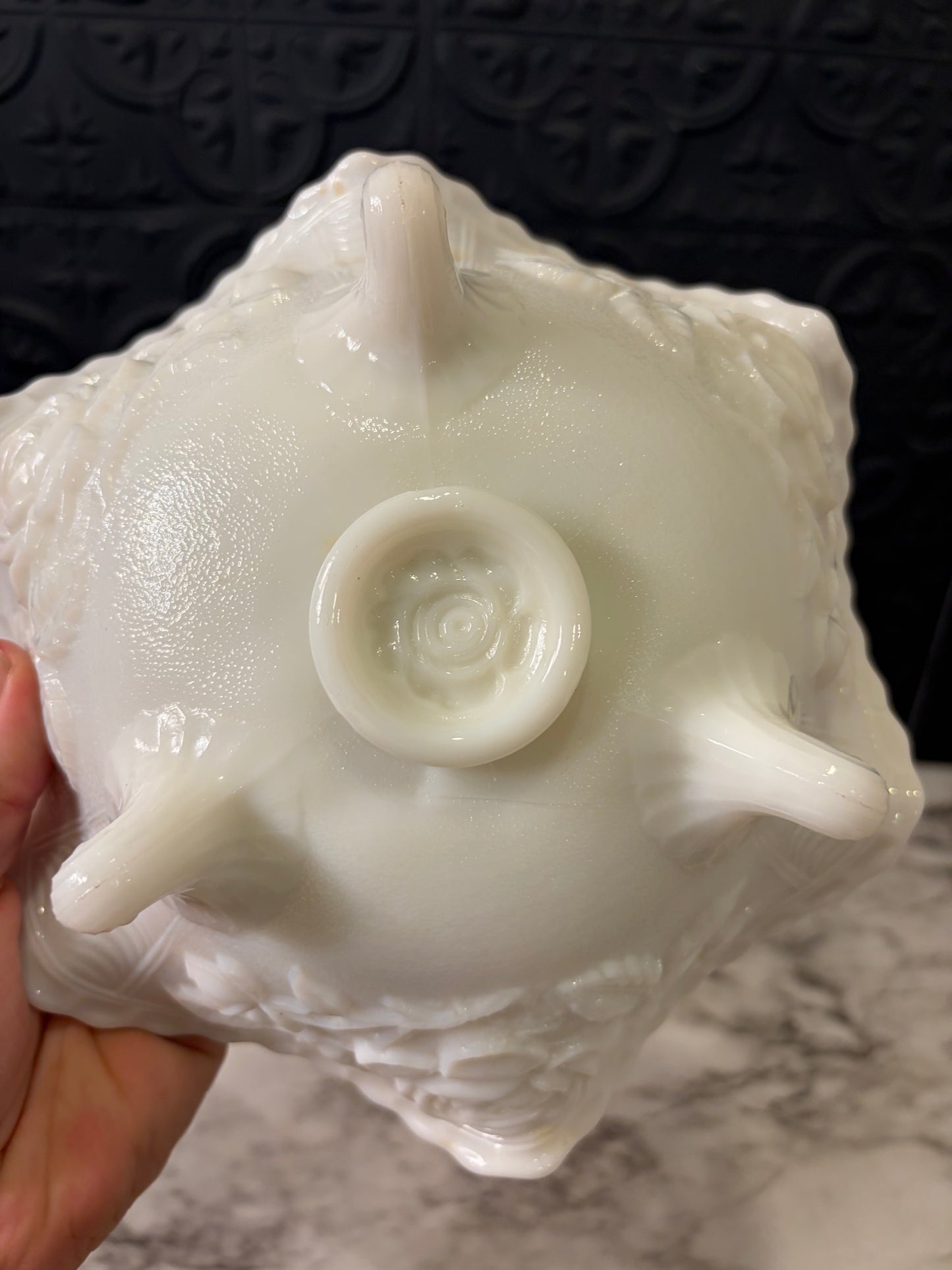 Milk Glass Ruffled Rose Embossed Footed Dish