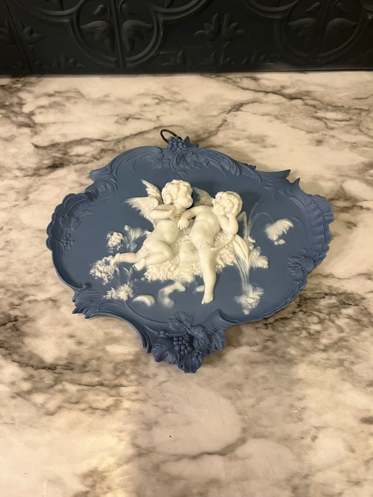 Blue Jasperware Plaque with  Cherubs Stamped Germany