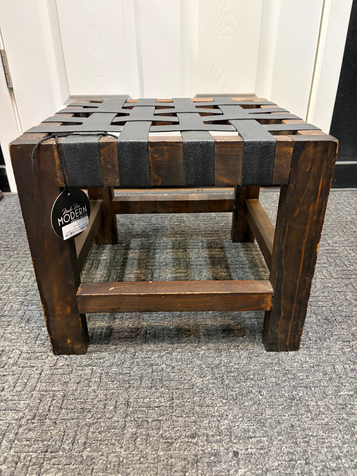 Vintage Leather Woven Wrap Footstool